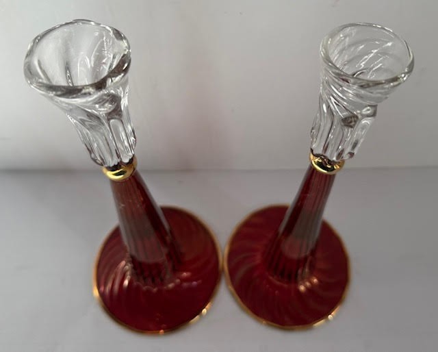 Vintage Egyptian Red Clear Glass Candlestick Holders-10″H