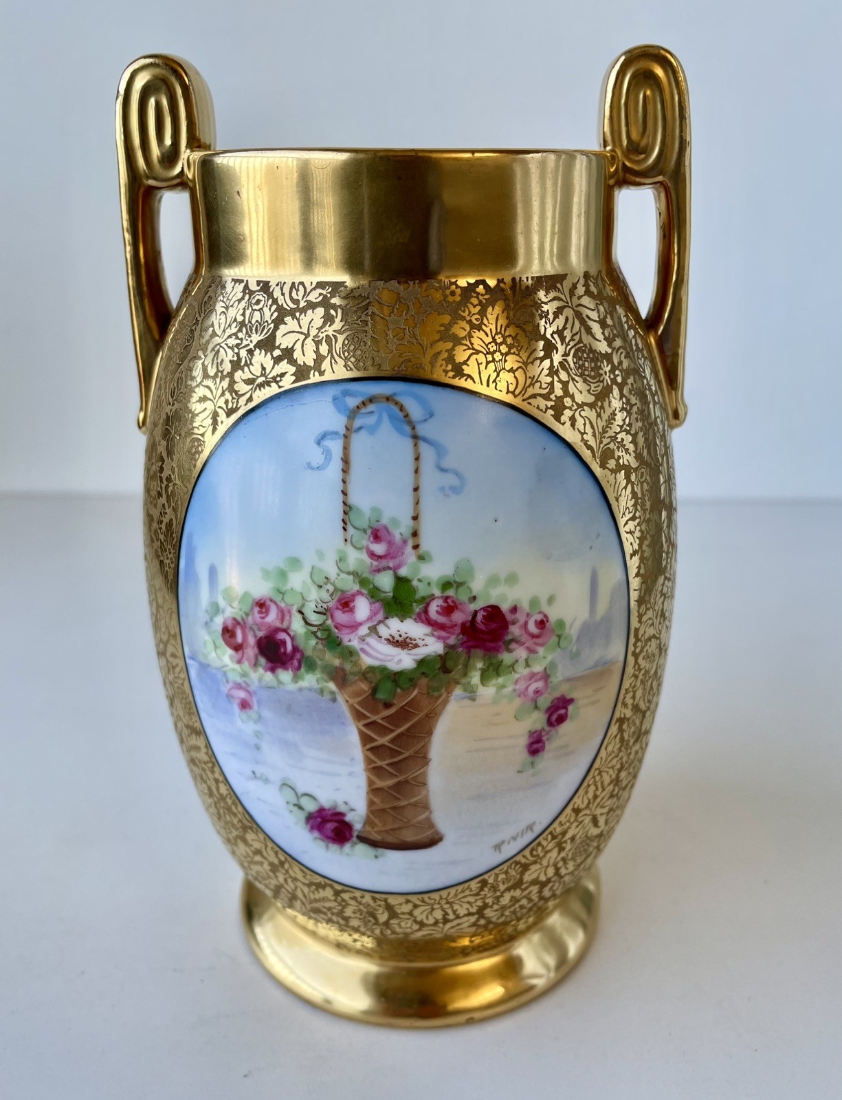 Antique Hand Painted Vase Signed “Rivir” Gold Gilt Double Handles Pickard Style