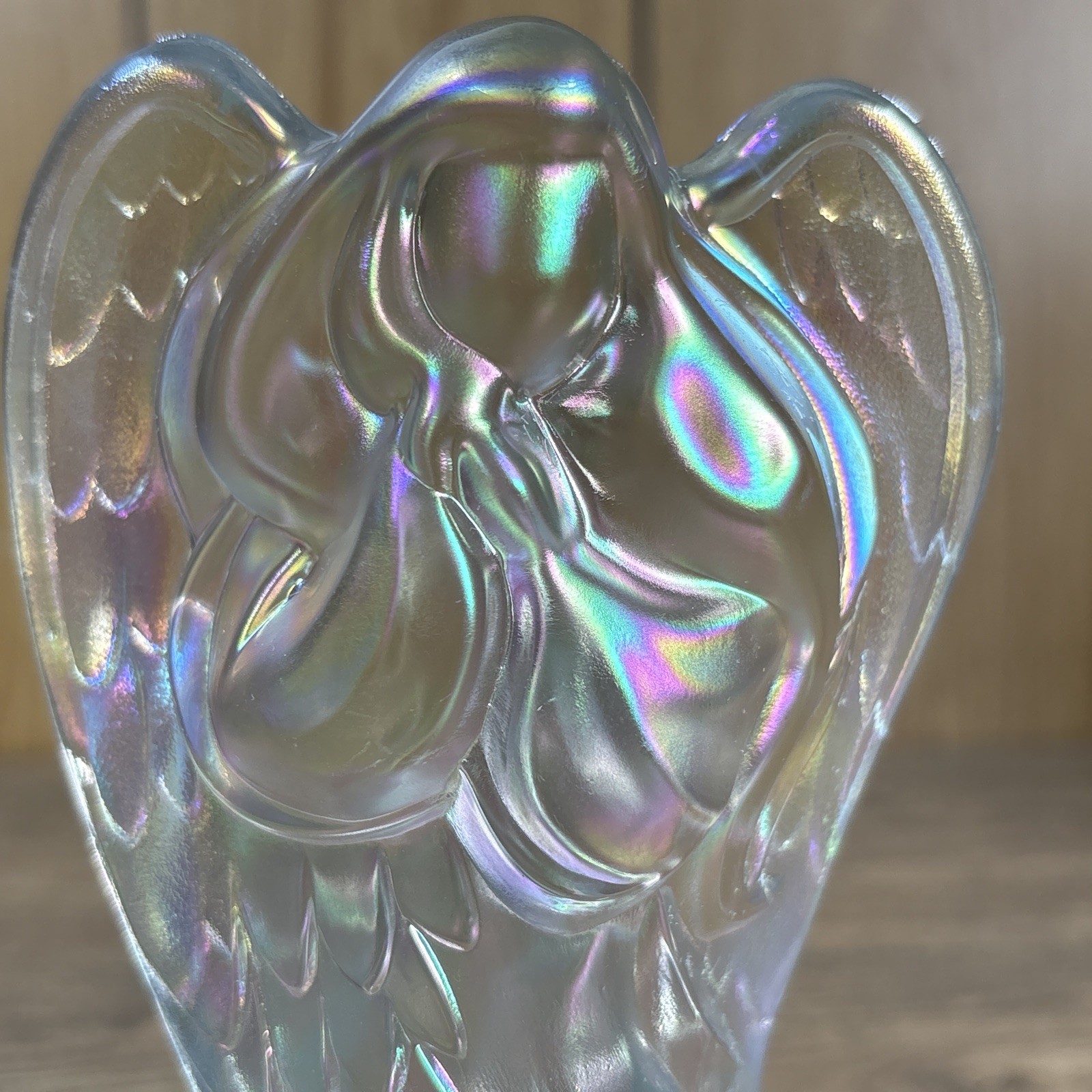 Rare NON Coralline Wings Fenton Art Glass Iridescent Angel Figurine White Clear