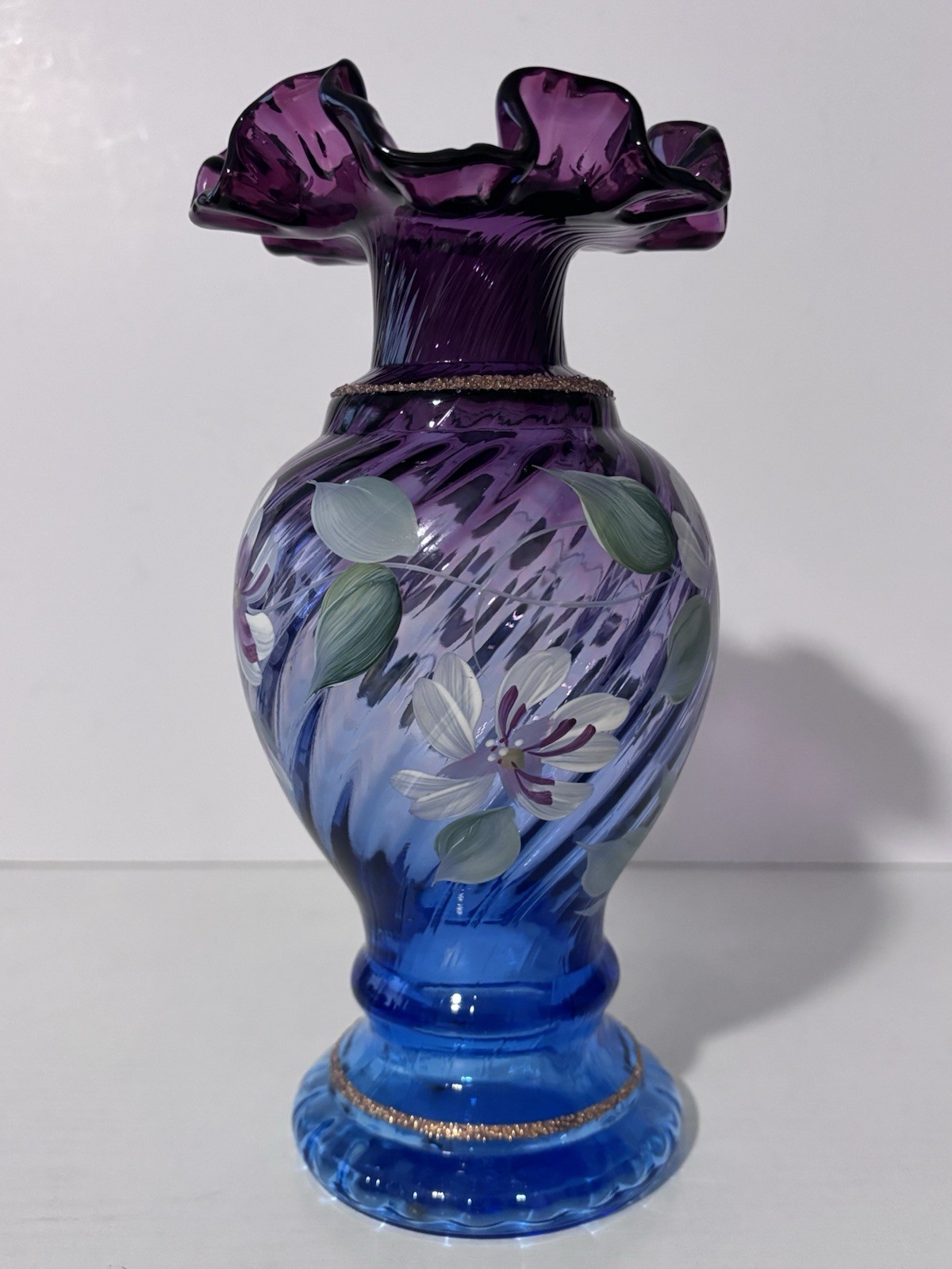 Fenton MULBERRY Glass Vase 50th Anniversary Hand Painted Vintage SIGNED