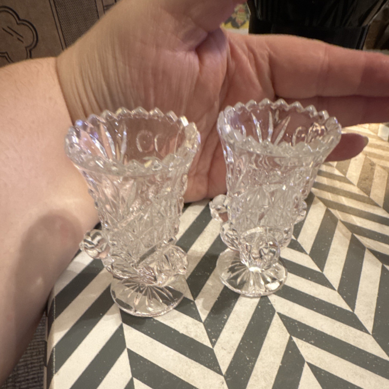 Pair of Clear Glass Diamond Pattern Mini Vases/Candle Stick Holders Crystal?
