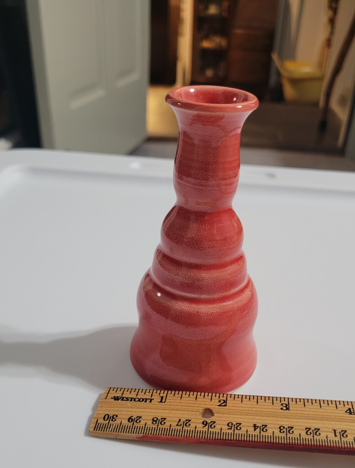 Studio art pottery mini bud vase Signed Red ? Decor 4.75 inches