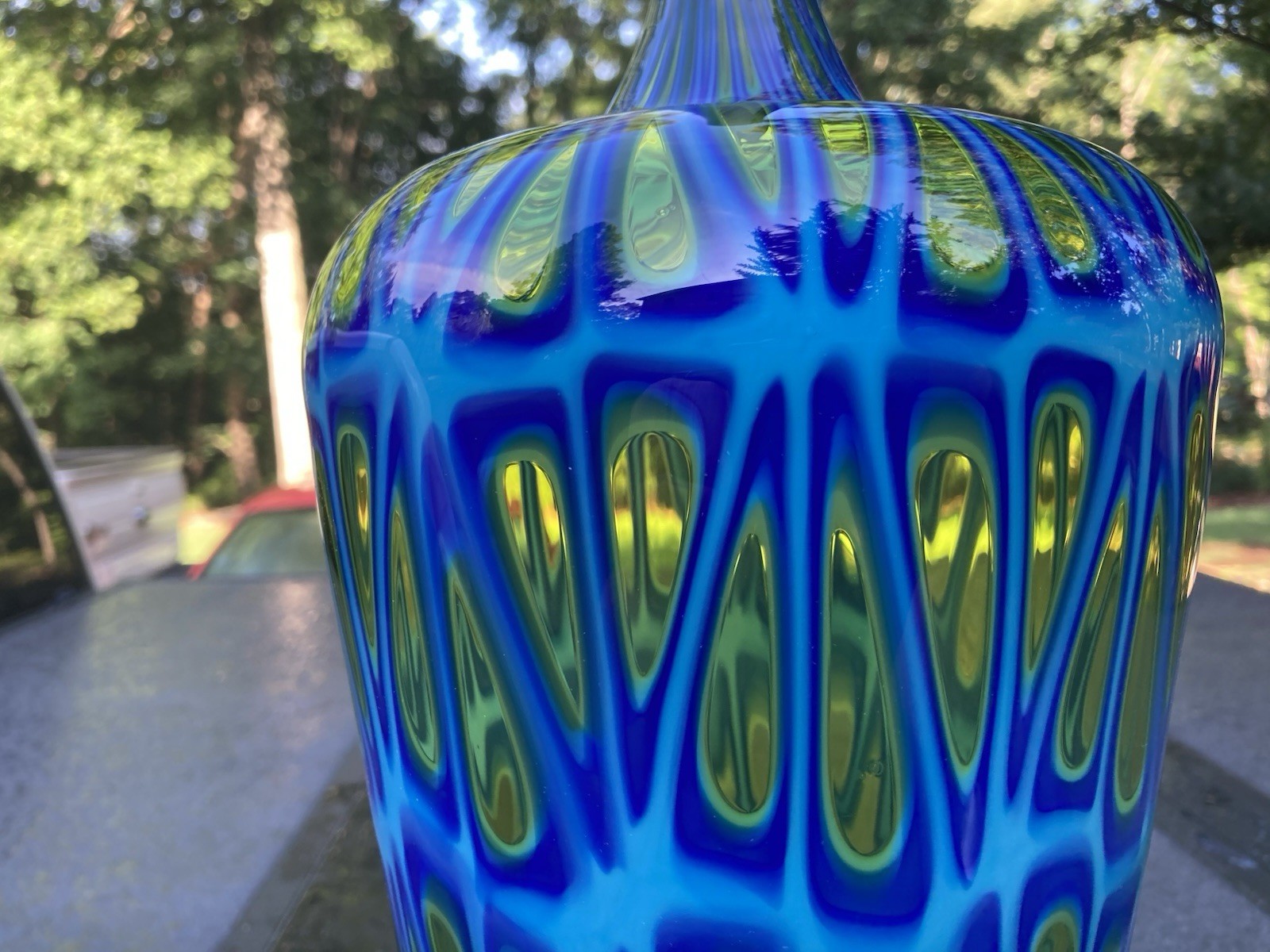 Stunning Signed Sam Stang Art Glass Blown Bottle Vase / Raindrop Windows