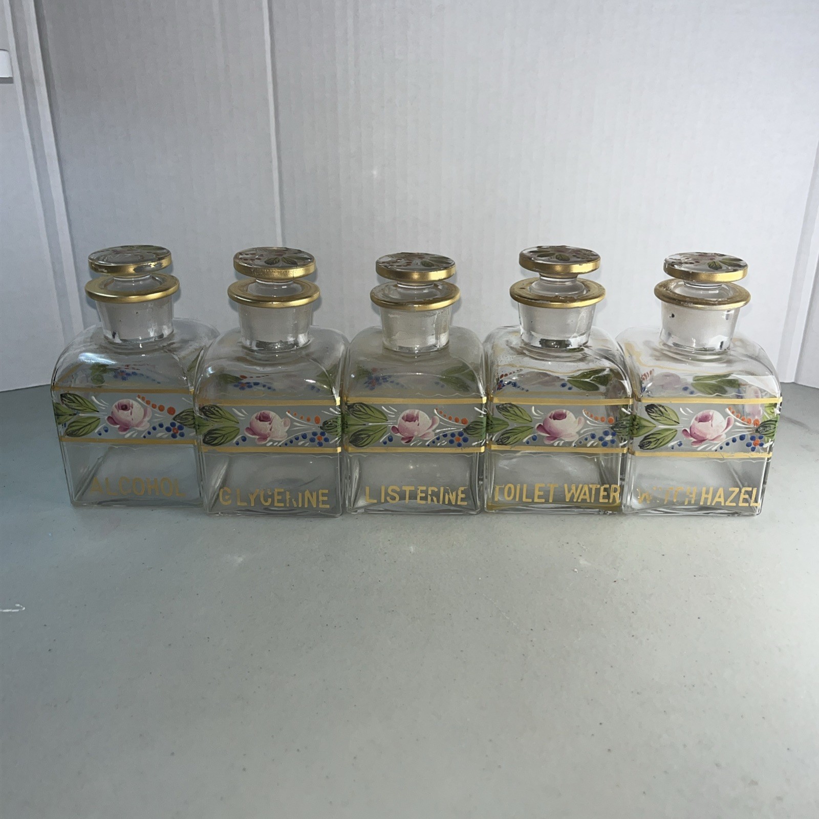Antique Hand-Enameled Floral Pink Gold Gilded Glass Vanity Bottles Rare 5 Pieces