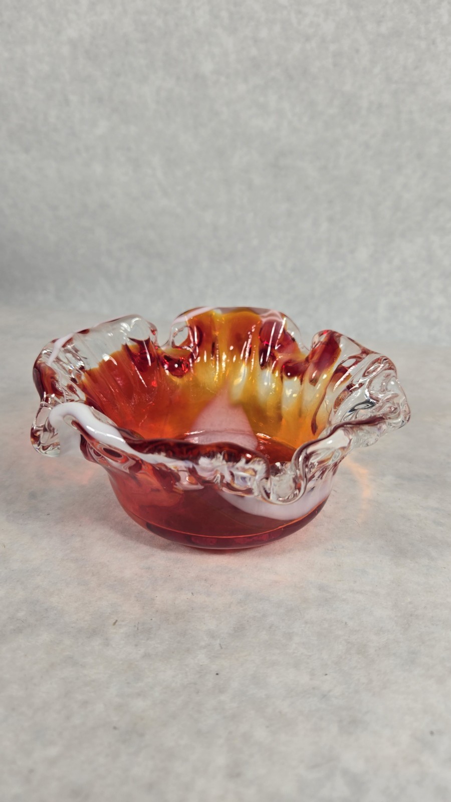 Vintage Hand Blown Red Amber Ruffled Edge Ashtray Candy Dish Trinket See Photos