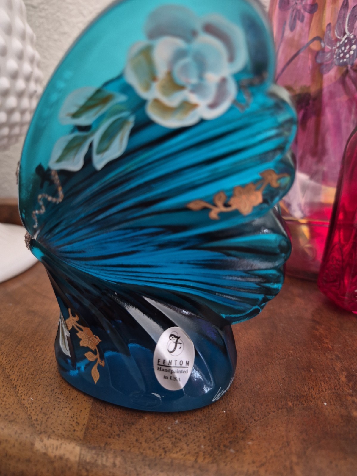 Fenton Turquoise Butterfly – Art Glass, Hand Painted & Signed by Artist