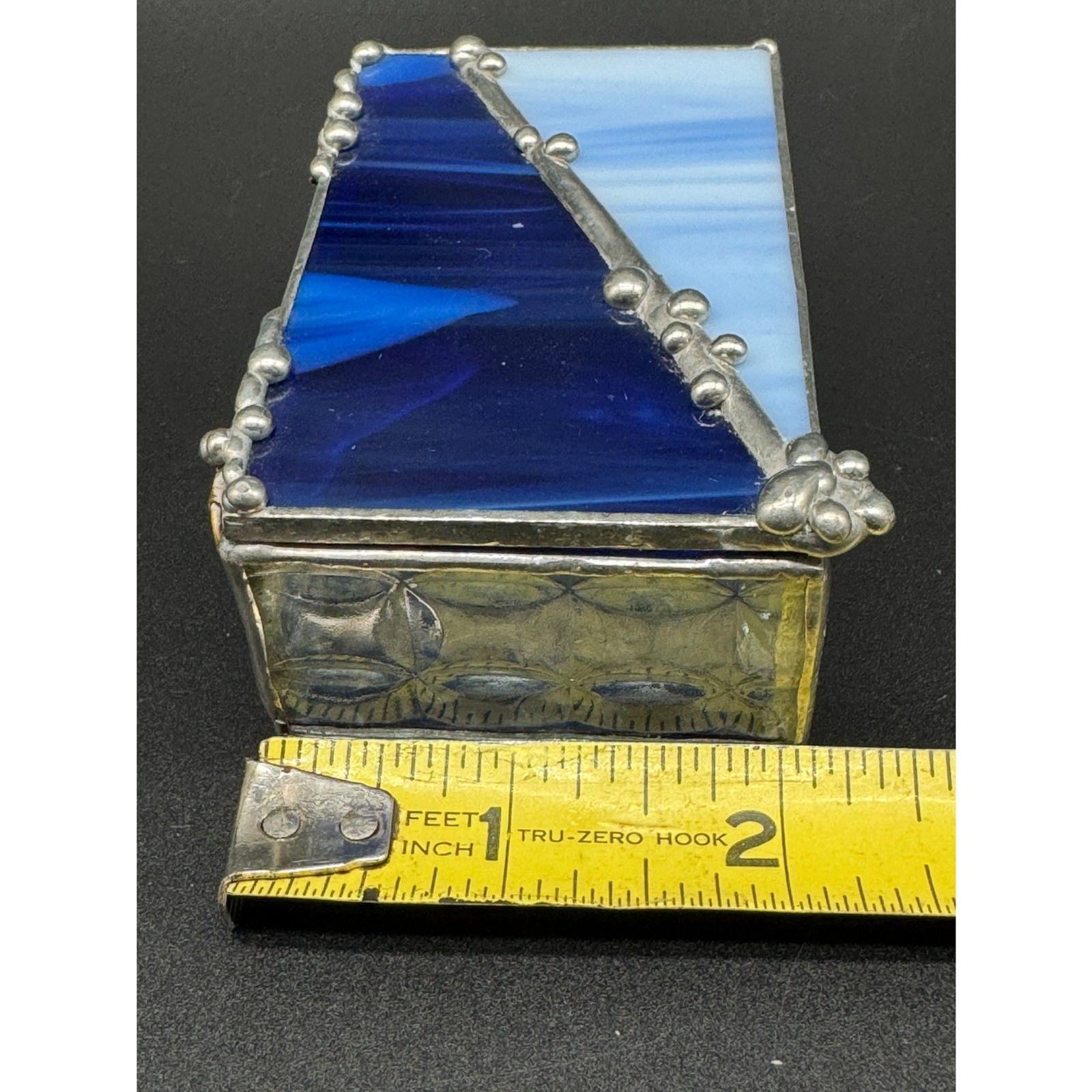 Art Glass Leaded Hinged Box Cobalt and Light Blues. 3″x 2″
