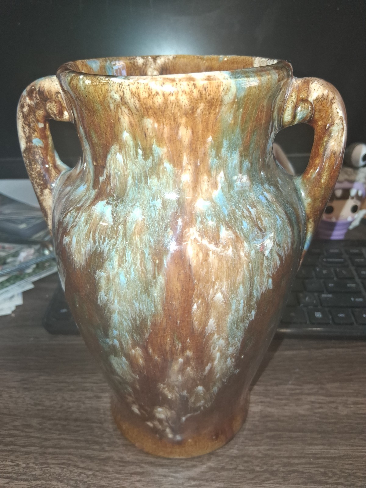 9″ TALL HANDCRAFTED FLOWER, MULTICOLOR VASE POTTERY W/HANDLE, HOME DECOR, INDOOR