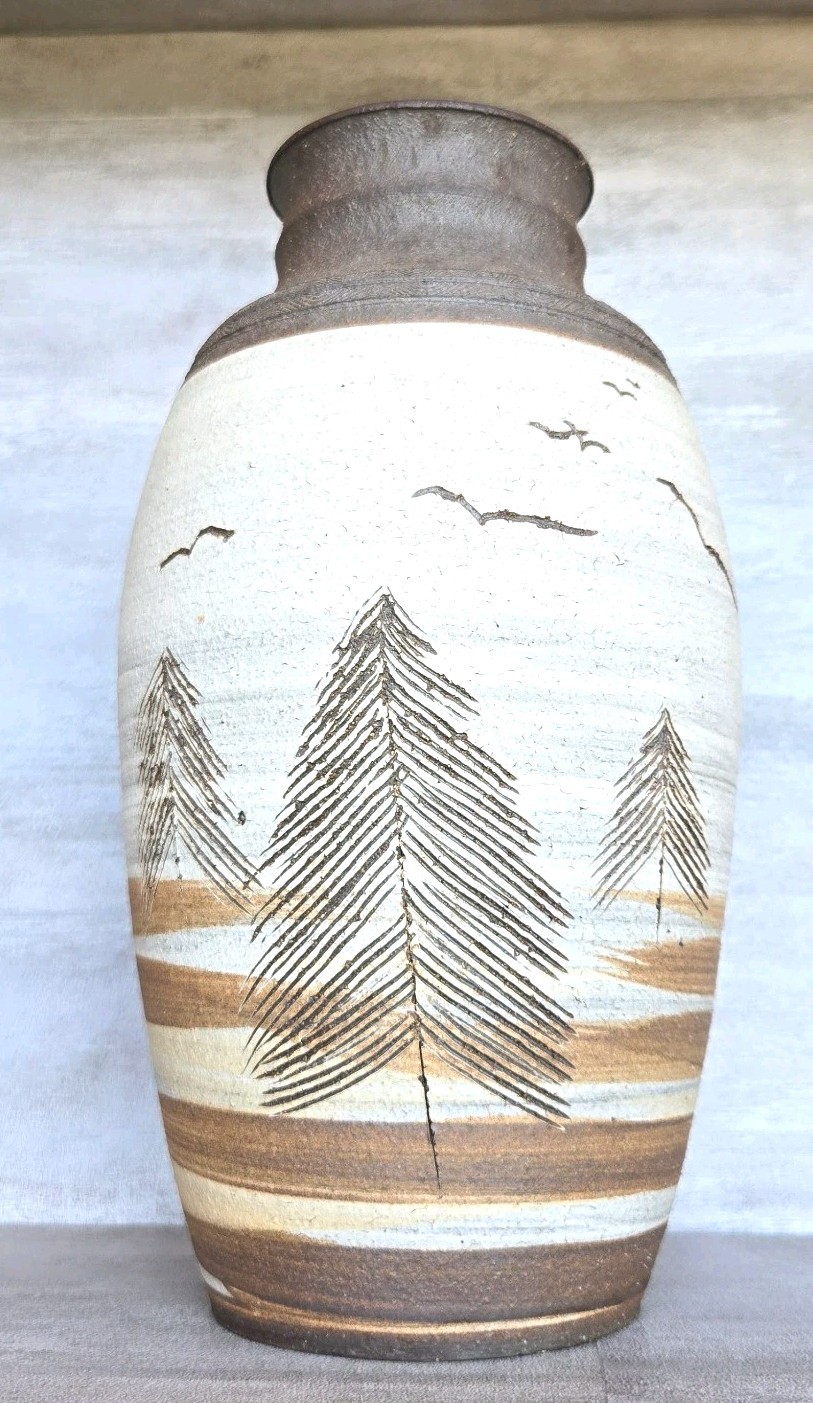 Vintage Studio Pottery Large Vase Etched Trees Birds 1979 Signed MCM Cabin
