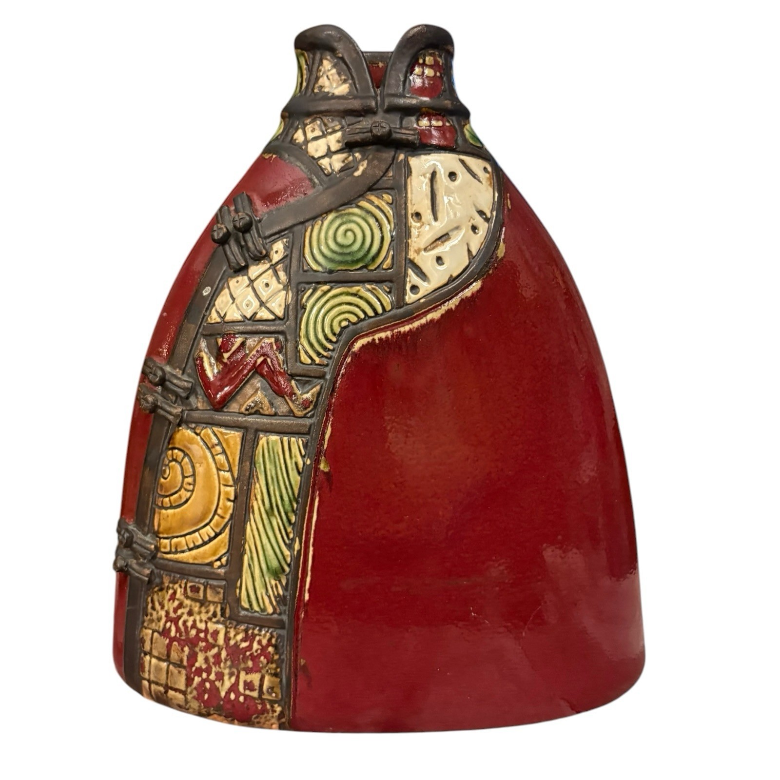 Art Pottery Vase Cloisonne Style Red Abstract Geometric Decor Folk Art 10” Tall