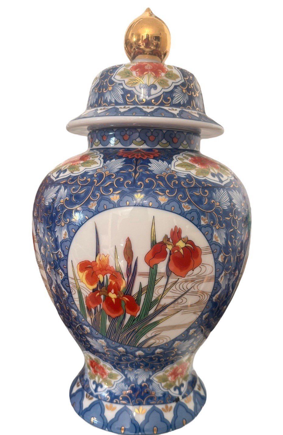 Ginger Jar Blue & White Imari Porcelain Urn Iris Flowers JAPAN 13” Vintage