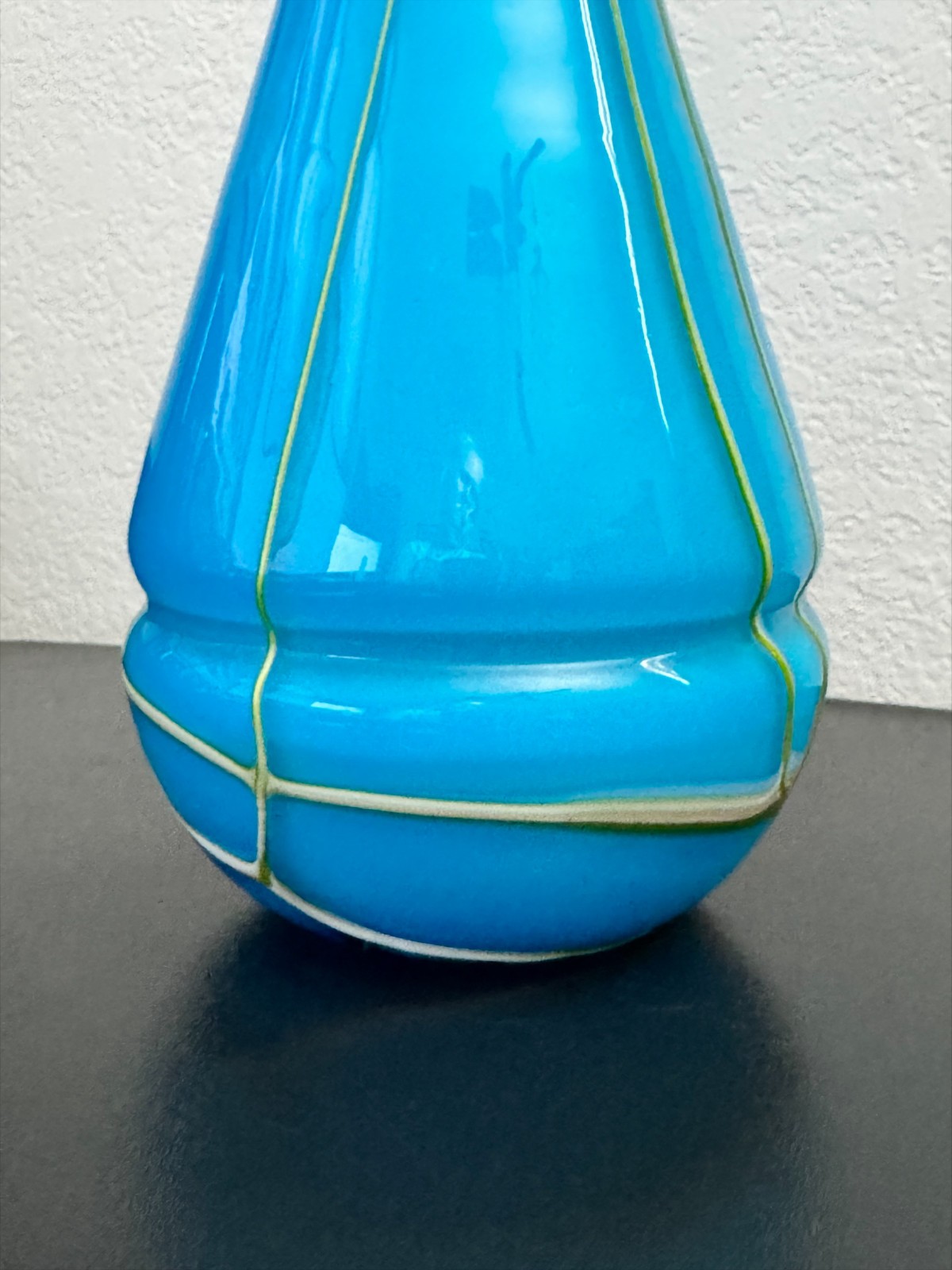 Hand Blown Studio Art Glass Vase Blue Yellow White Ribbon Swirl 15 In Tall