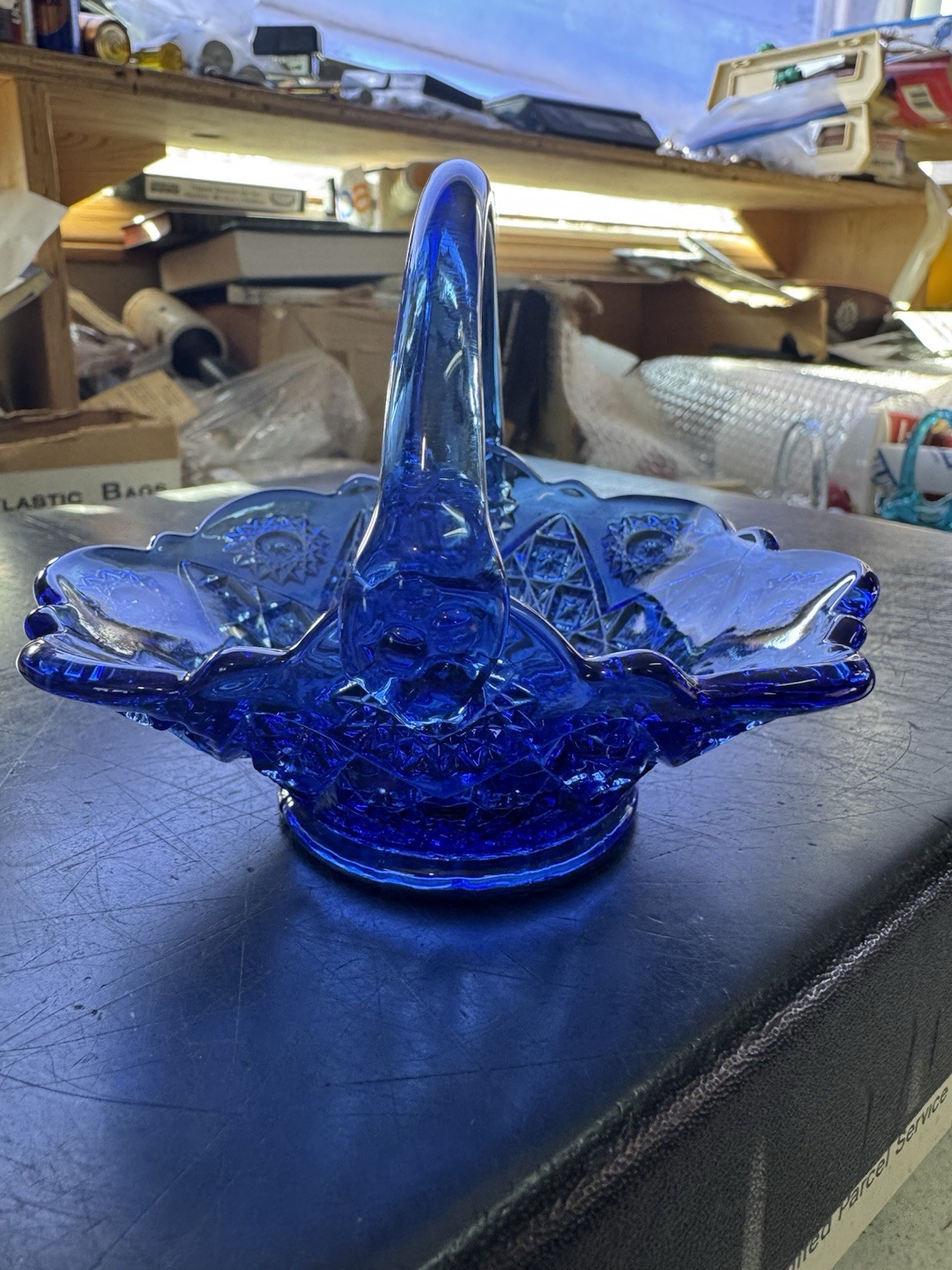 Vintage 80s Imperial Glass Basket Blue Starburst Beautiful Signed Marked
