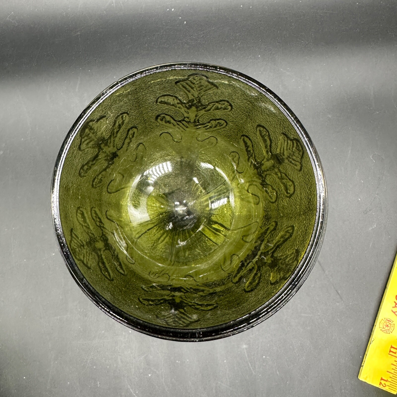 FTD 1975 Green Glass Goblet Footed Candy Dish Oak Leaf Pattern Vtg No Chips