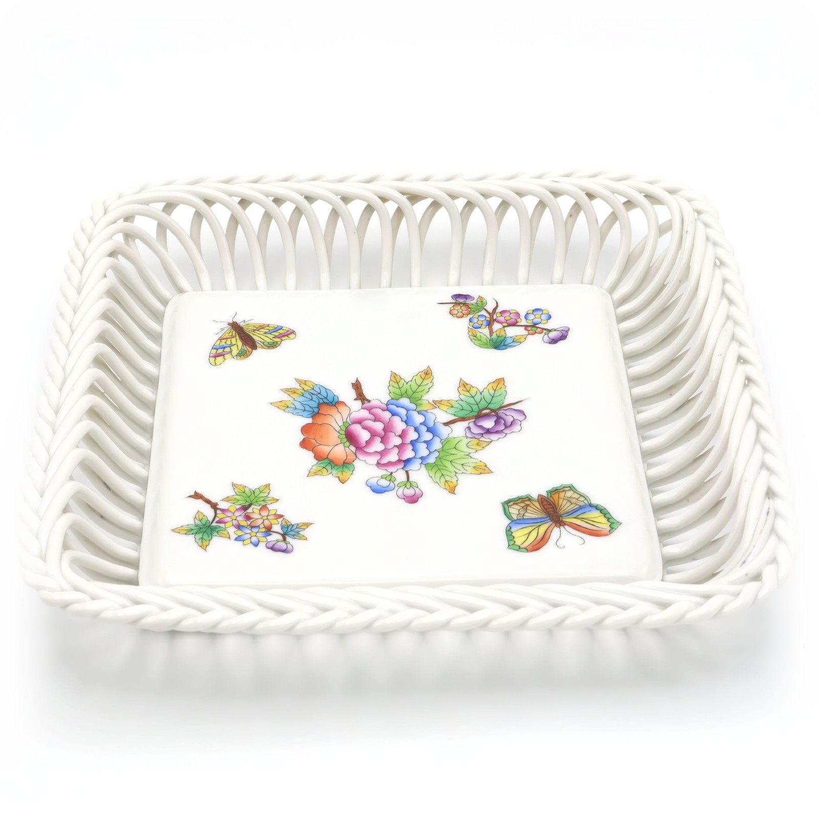 Herend Queen Victoria Open Weave Basket – Vintage Porcelain Centerpiece – Hand P