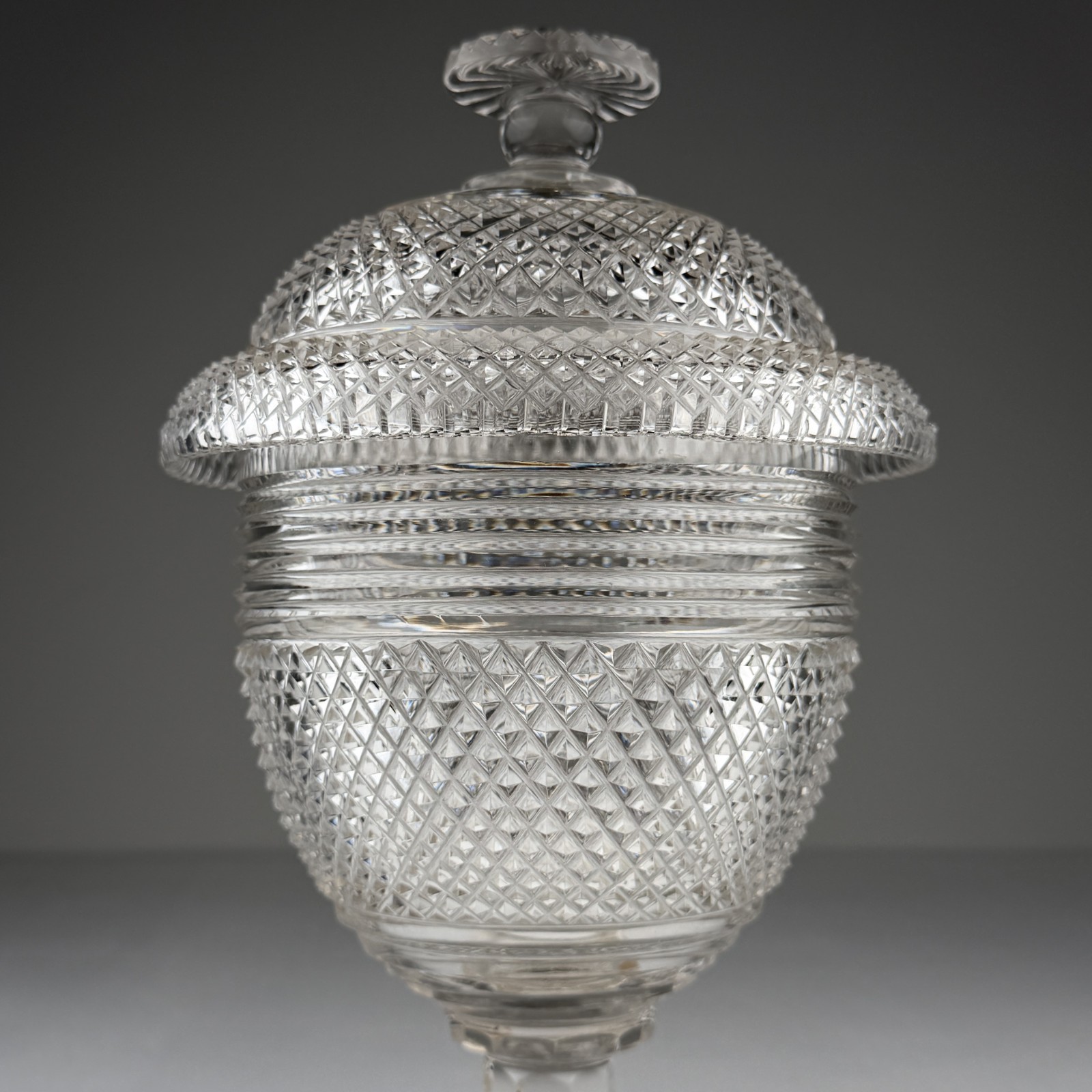 Antique Anglo-Irish Cut Crystal Covered Urn Jar 19th Extra Sharp Cut 11.5”