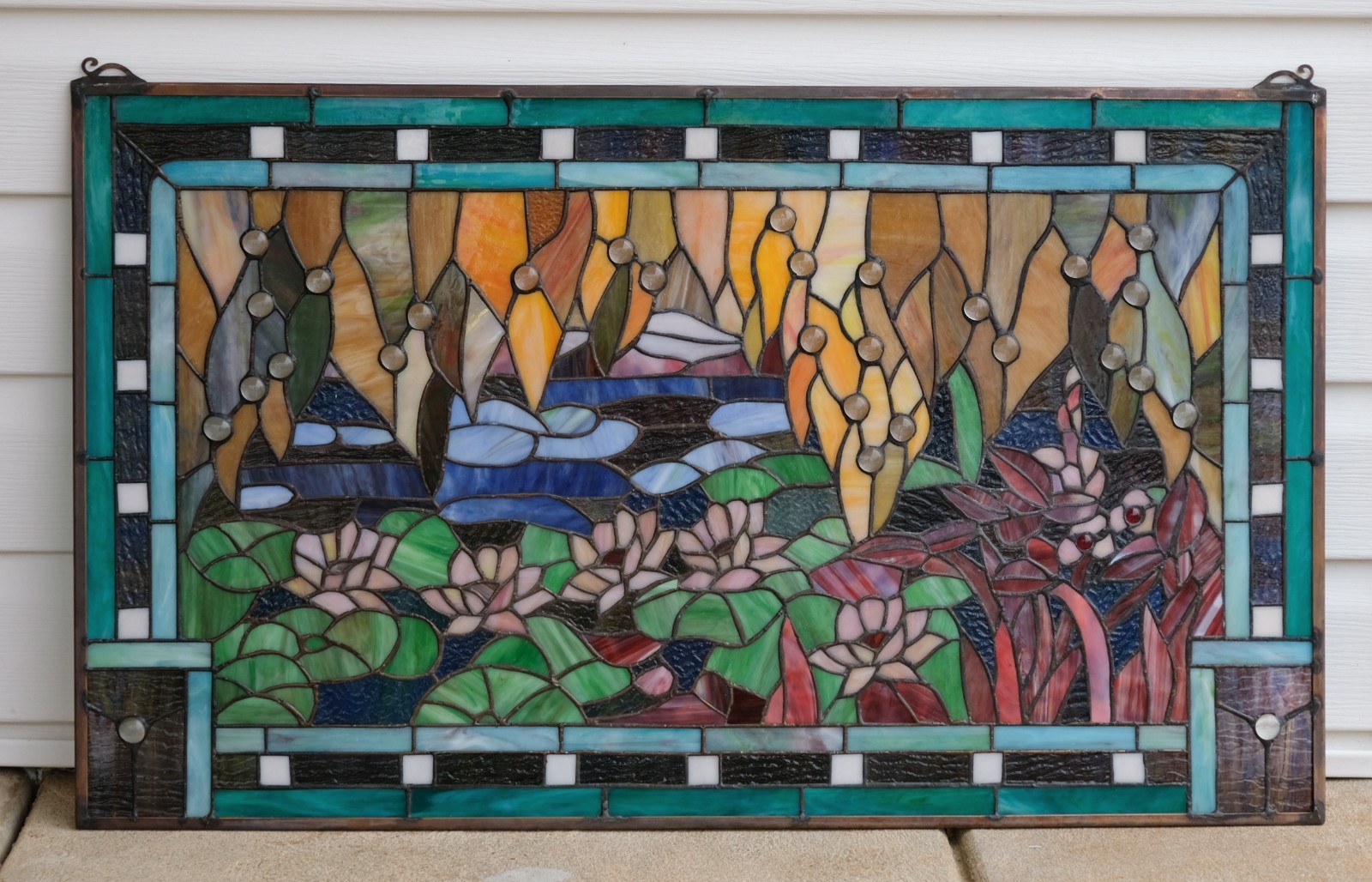 33.75″ x 20″ Tiffany Style stained glass window panel lotus waterlily pond HF834