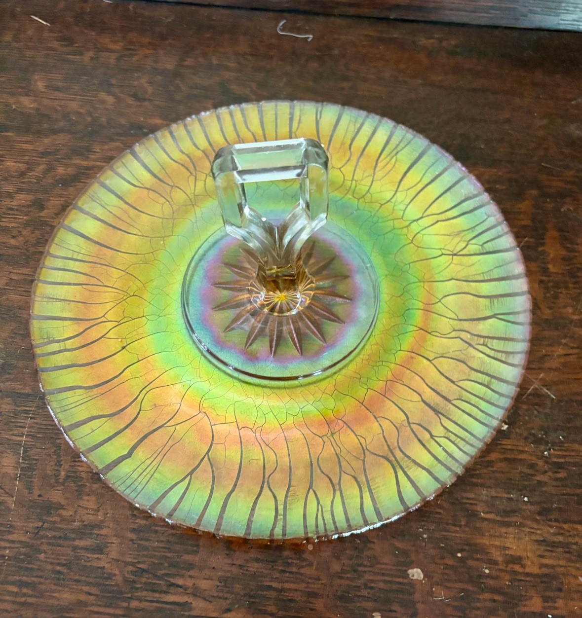 Jeannette Gold Handled Sandwich Server Tray Iridescent Carnival Stretch Glass