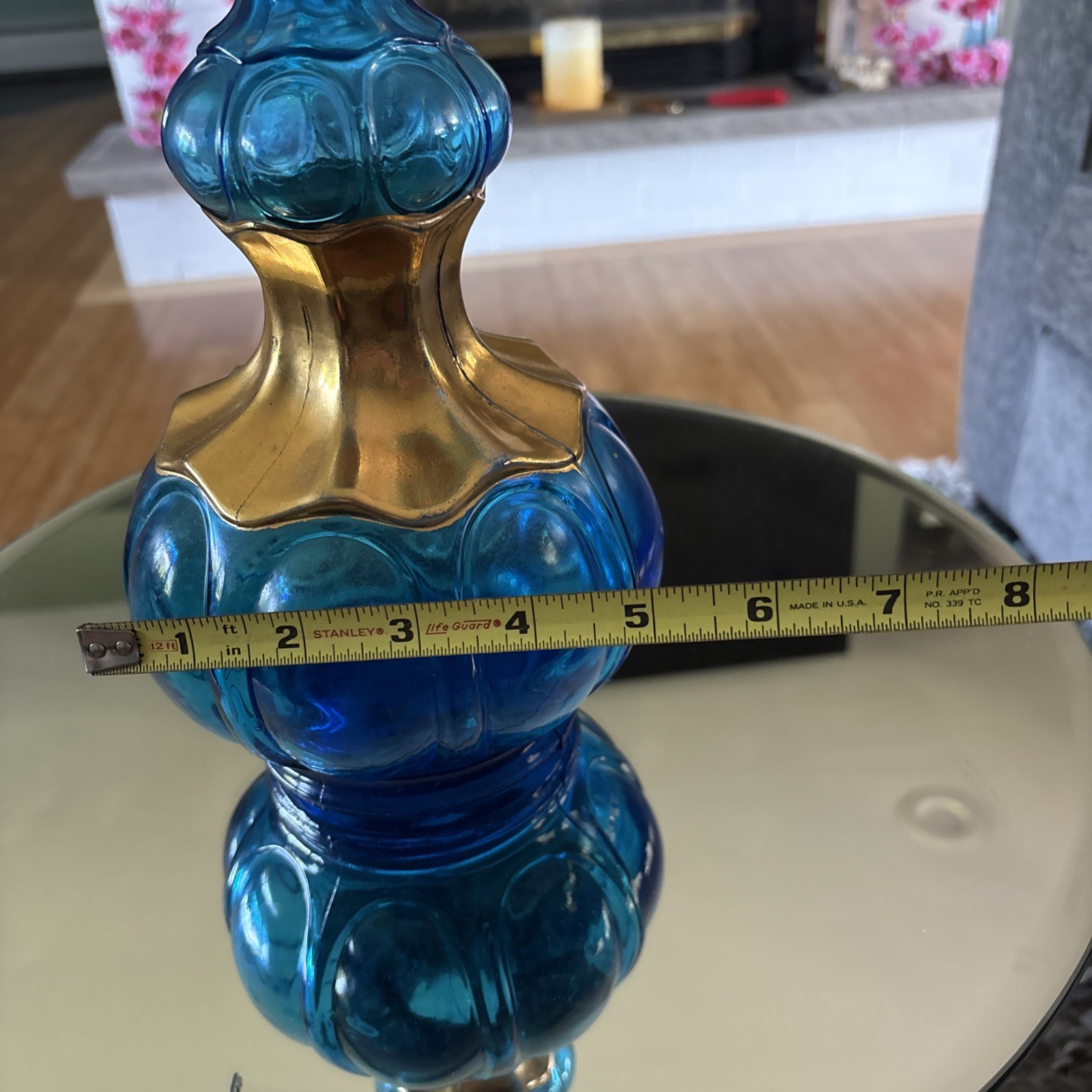 Vintage Teal Blue and Gold Genie Bottle Vase 10 Inches Tall