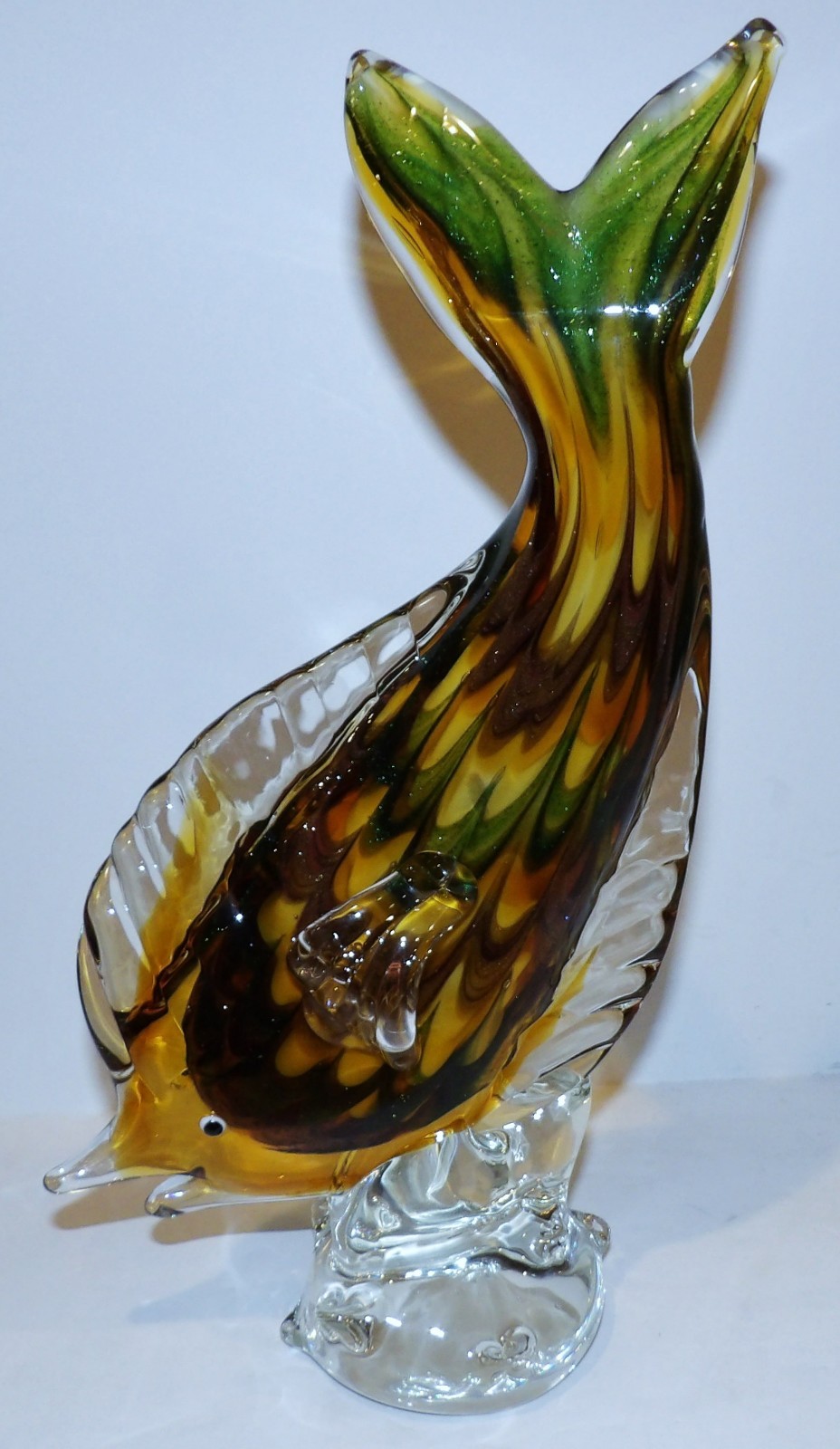MURANO ART GLASS TROPICAL FISH YELLOW GREEN BROWN AVENTURINE 13″ SCULPTURE