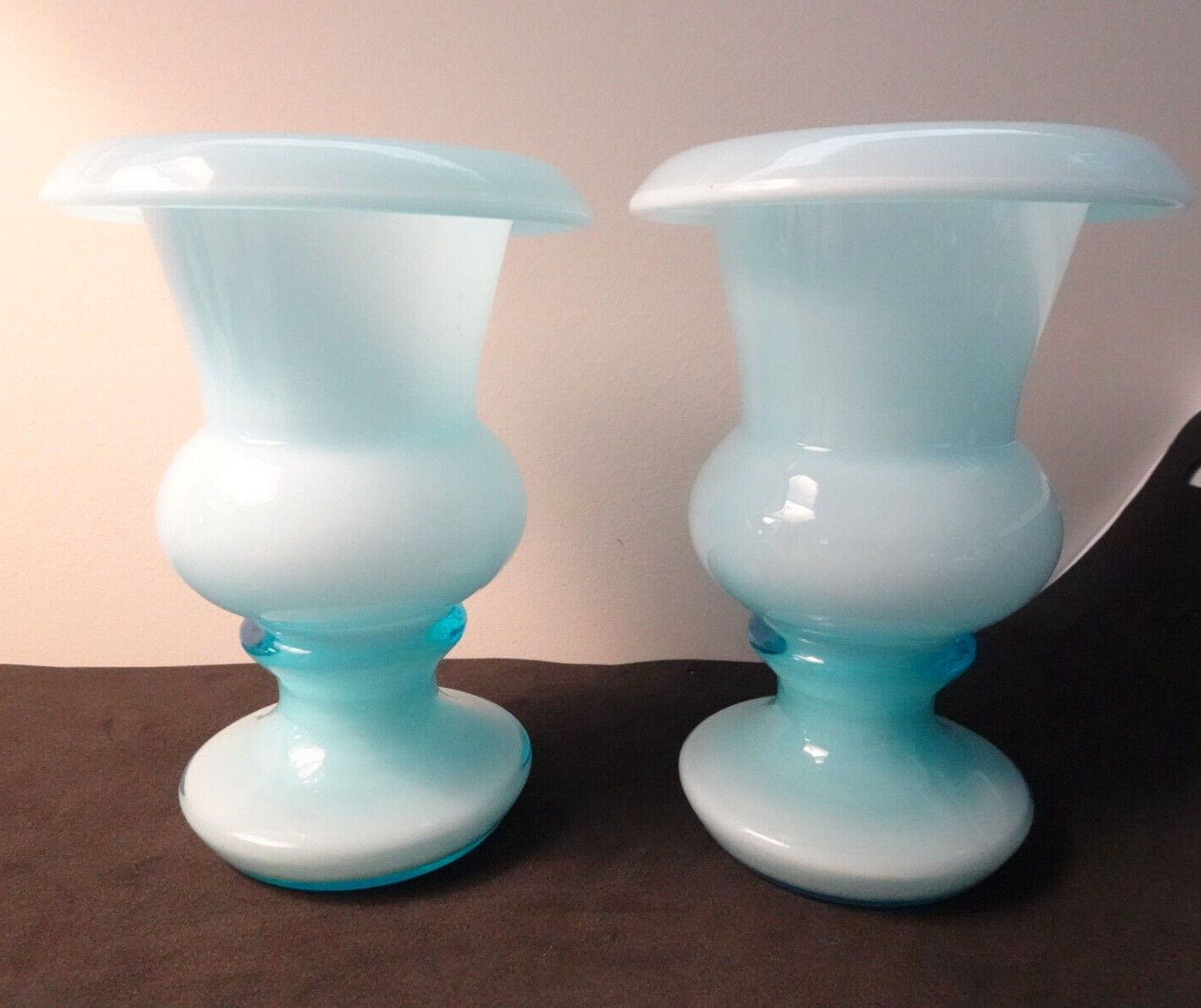 HTF Fenton Art Glass for Weil Ceramics Blue Overlay Milk Crest Rolled Top Vases