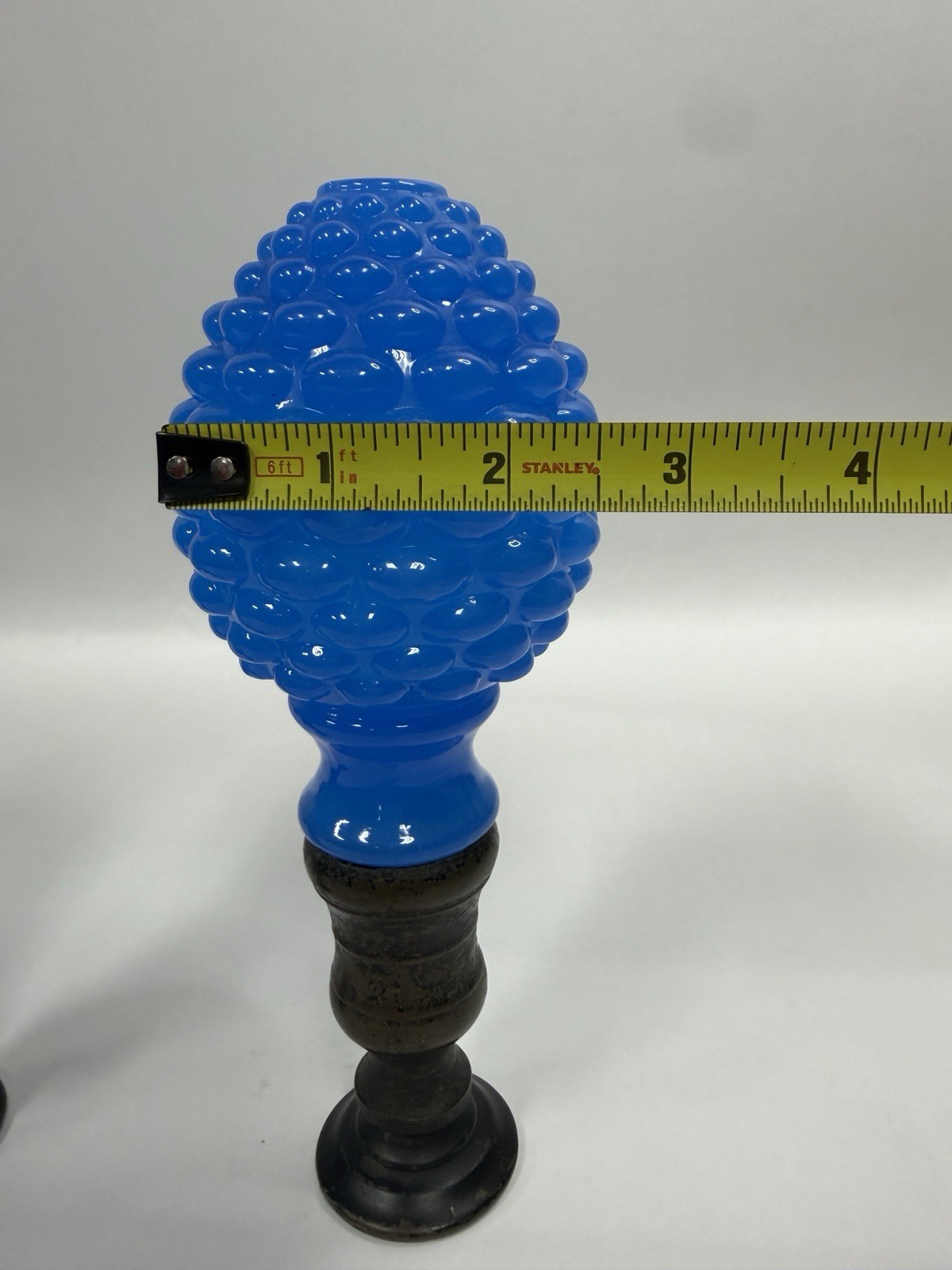 Pair Vintage Blue Opaline Hobnail Glass Bed Post Finials On Wood Bases 11” C30