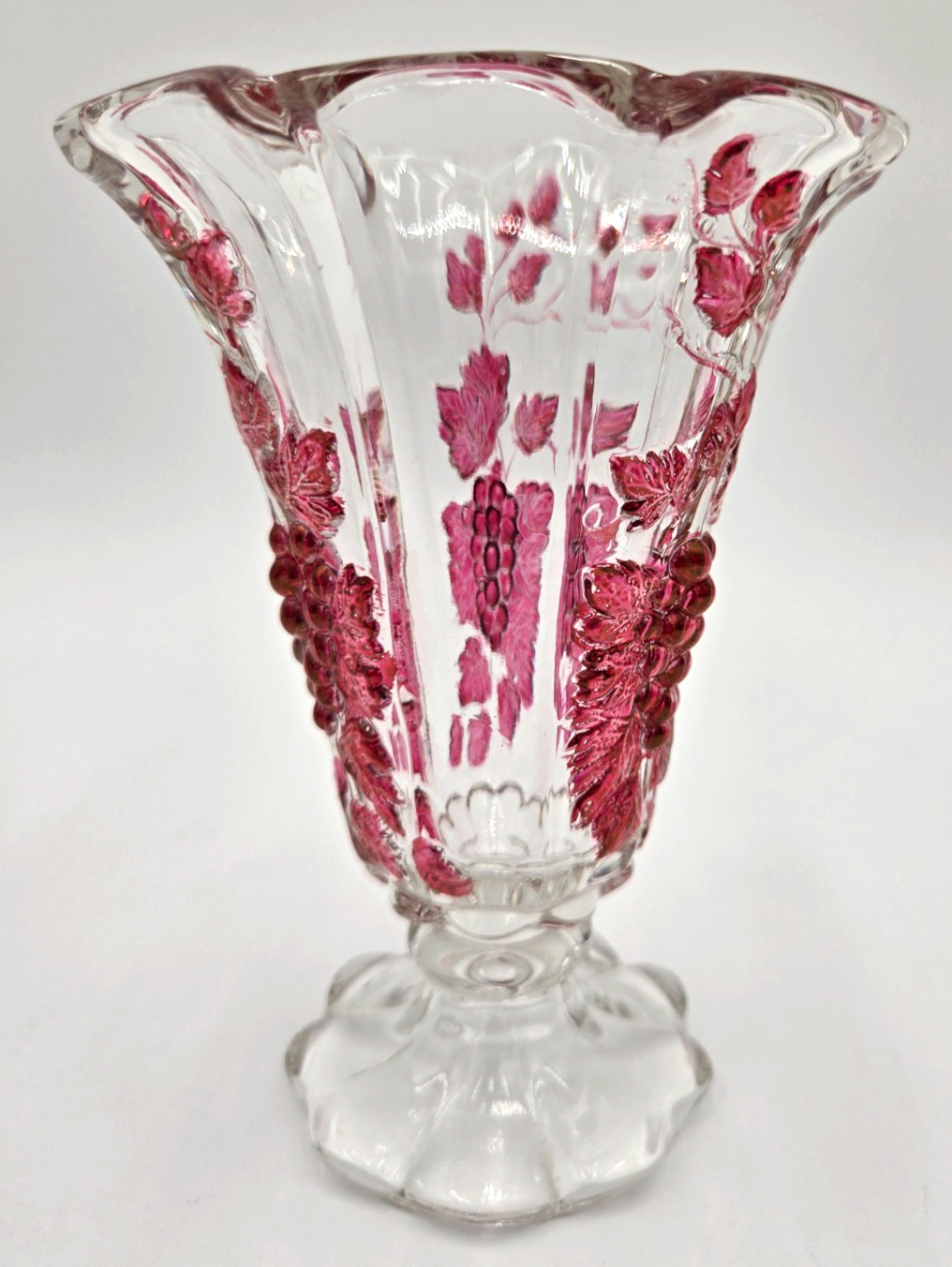 Vintage Westmoreland Paneled Grape Ruby Flashed Glass Pedestal Vases Pair 6″