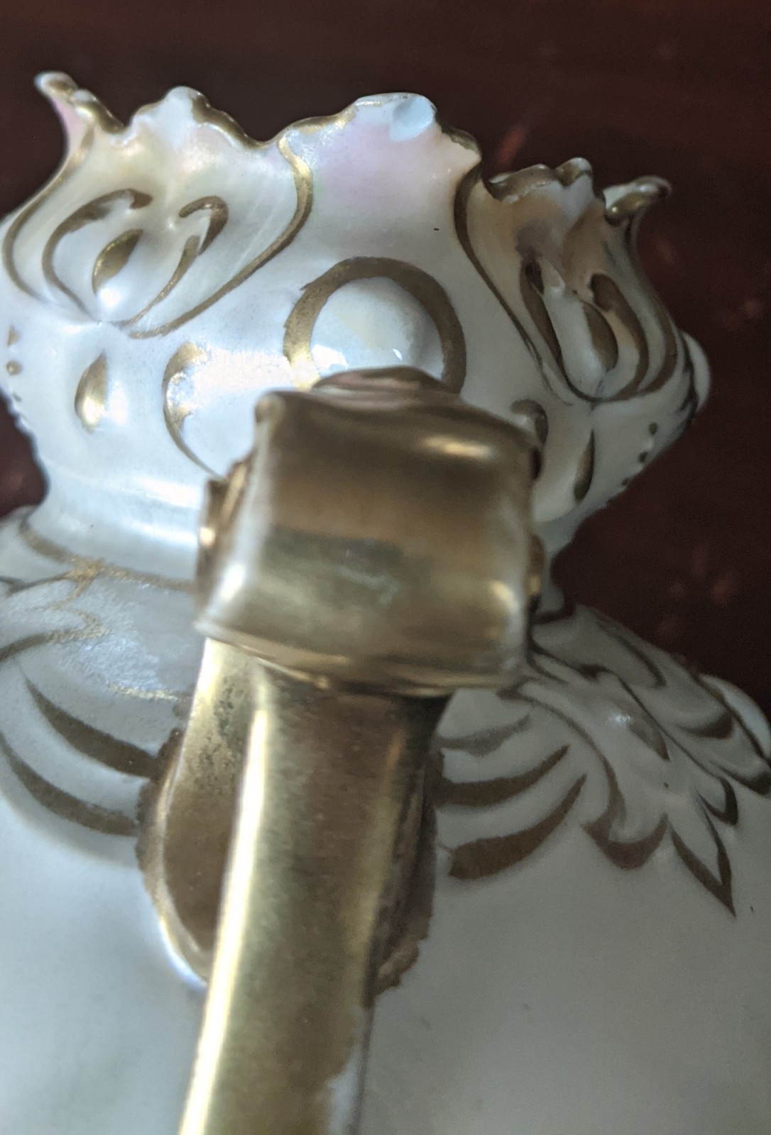 19thC RS Prussia Dbl Handled Jewel Mold Vase Roses Iridescent Finish 10″