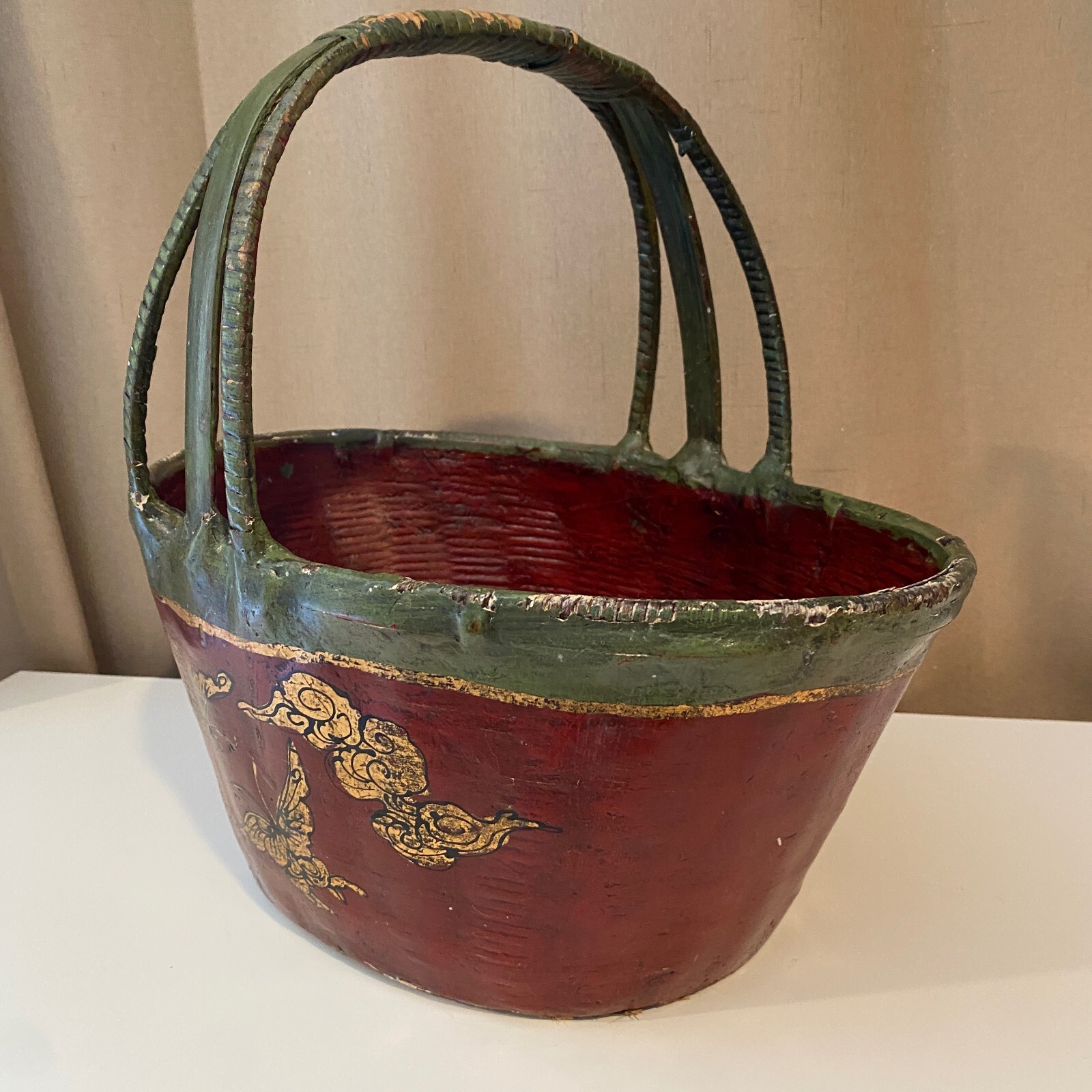 Antique French Red Green Basket Hand-Painted Butterfly Floral