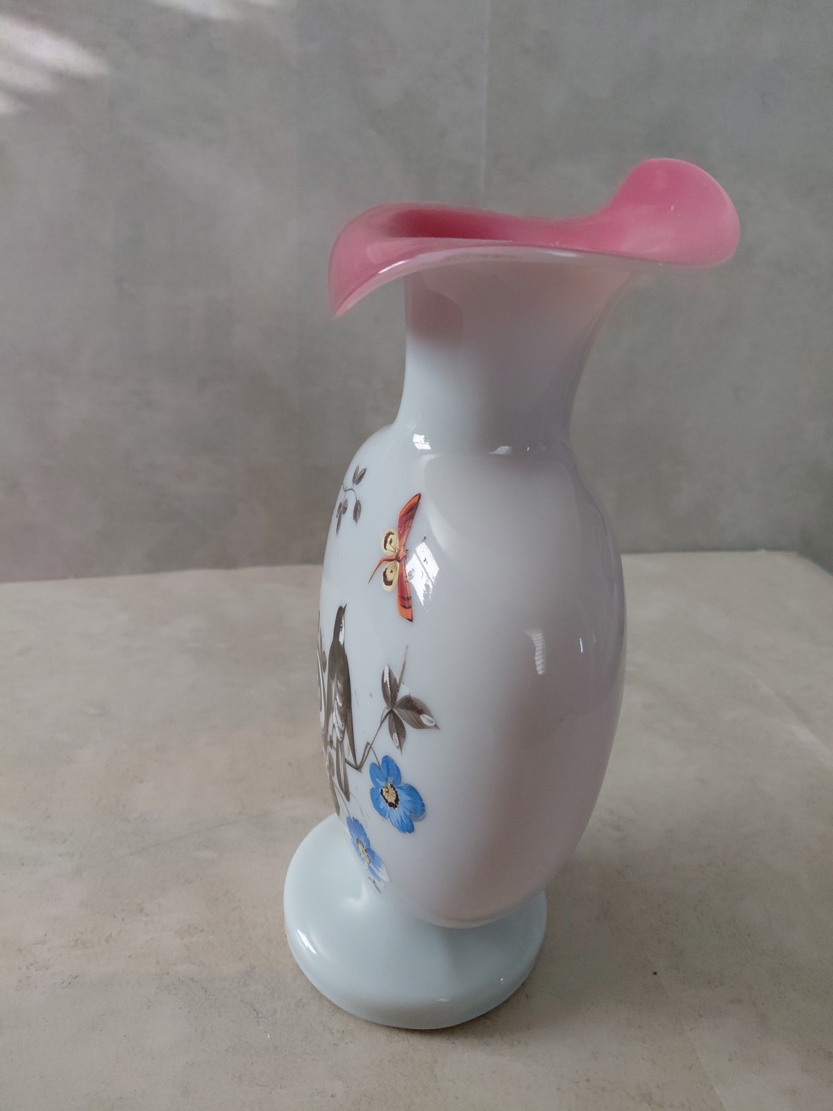 Handblown Vase White Opaline Glass Hand-Painted Nest Bird Butterfly Flowers 19