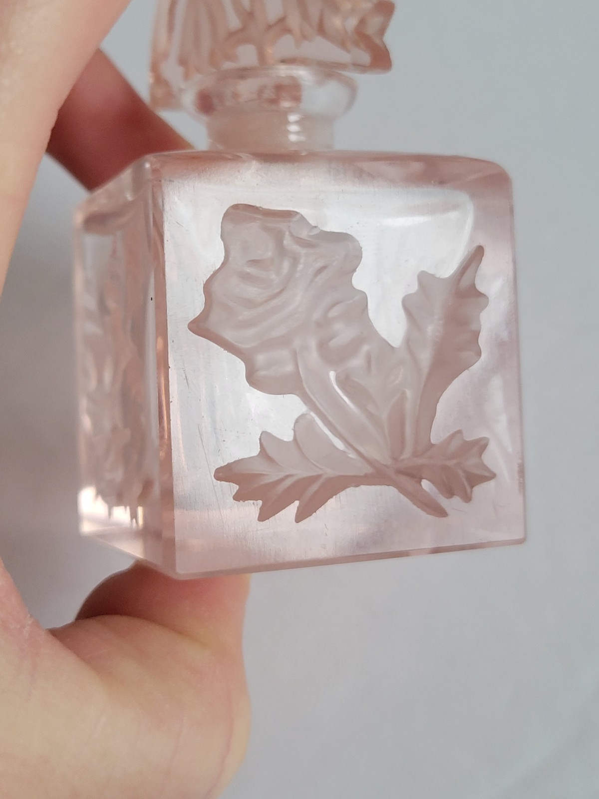 1920s Art Nouveau Pink Glass Perfume Bottle Romantic Etched Flowers Floral Vtg