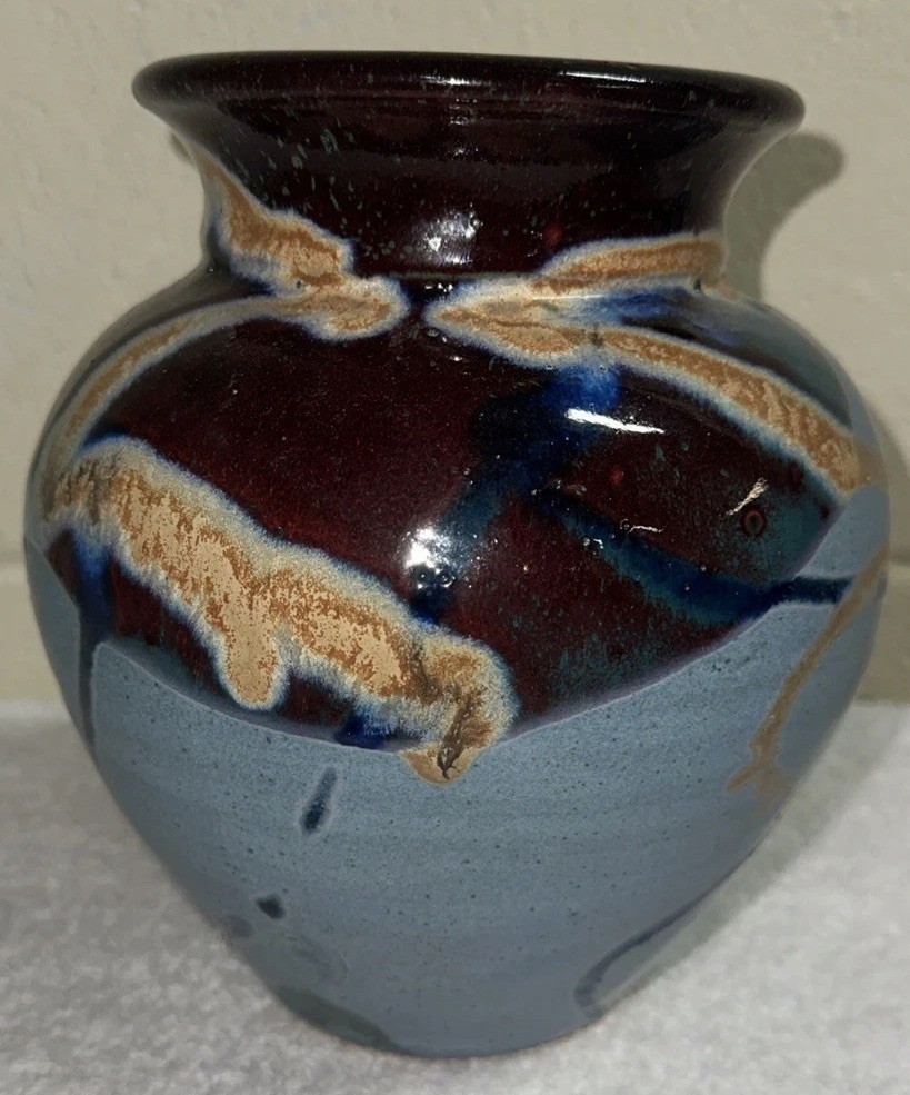 SIGNED Bruce Odell RAKU Style Studio Art Pottery VASE VESSEL Drip Splatter Glaze