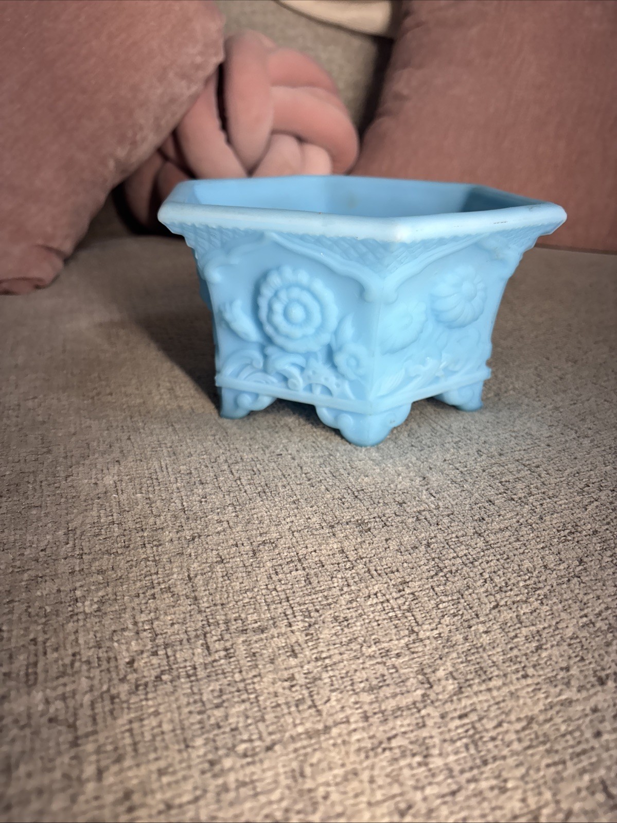 VTG Fenton Glass Blue Satin Opaline 8226 Hexagon Crysanthemum Planter 8.5”