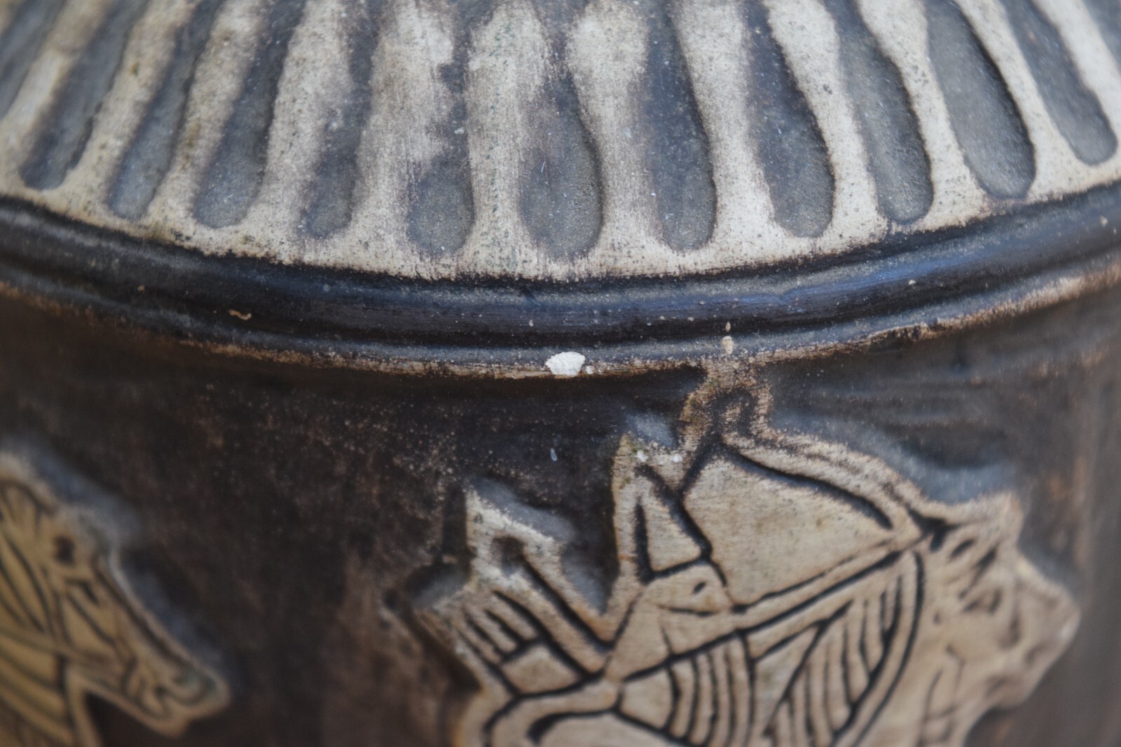 Antique Weller Burntwood 1910s Brown Roman Chariot Egyptian Art Pottery Vase