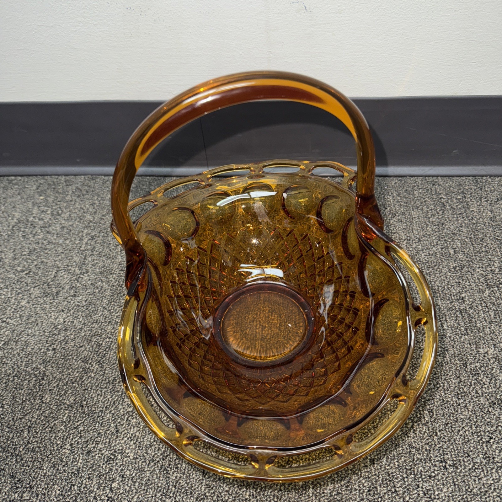 Vintage Pitman Dreitzer Colony Large Open Lave Edge Amber Glass Basket Handle