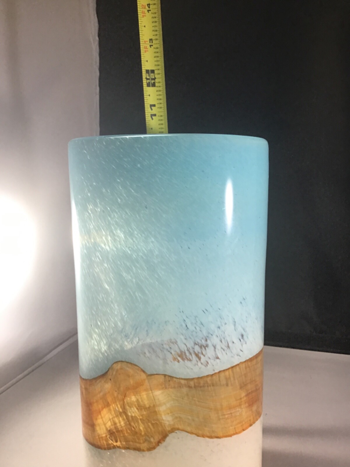 Beautiful art glass vase 10in powder blue brown and cream