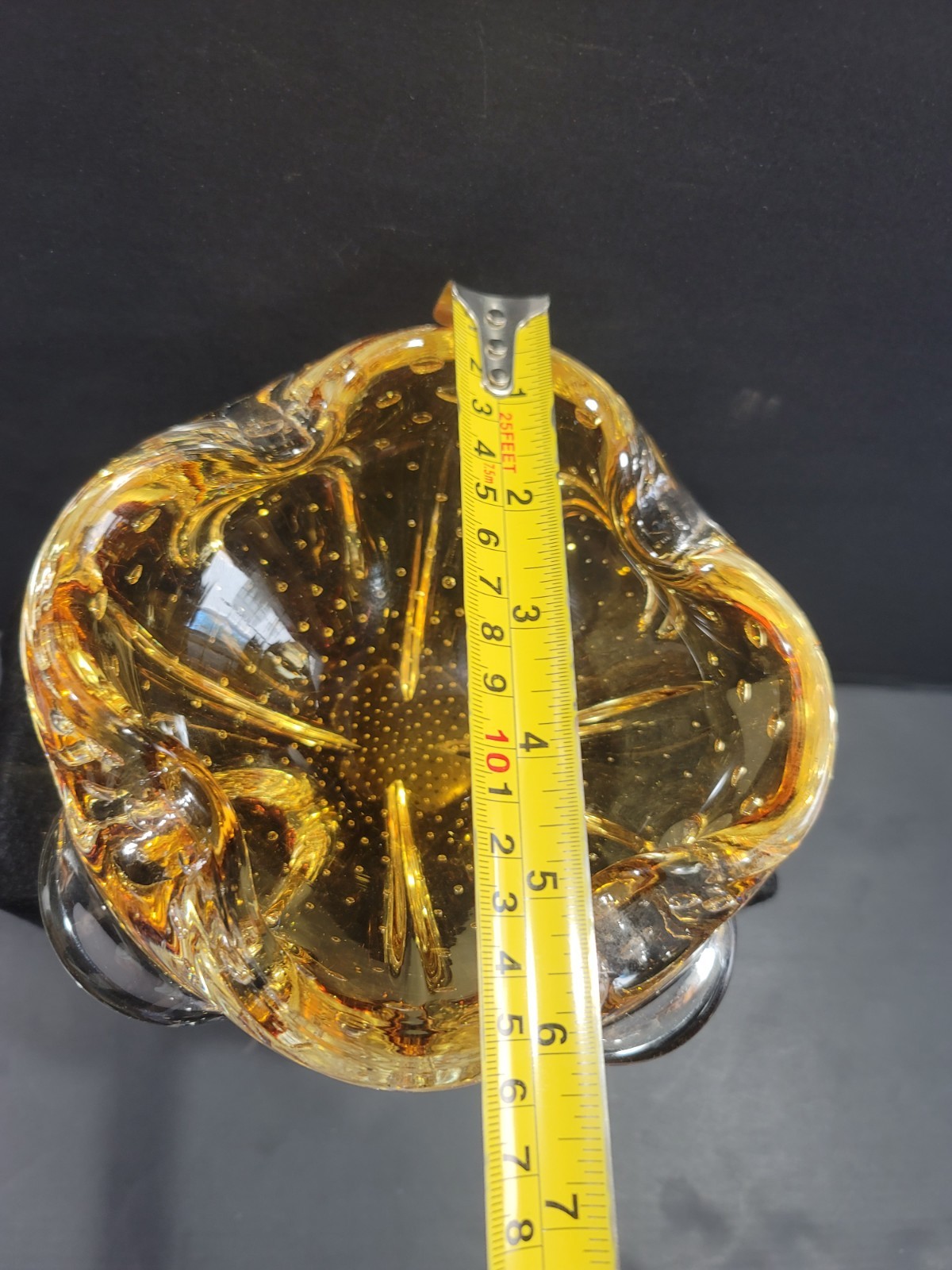 Vintage Murano Bullicante Controlled Bubble Art Glass Amber And Clear Ashtray
