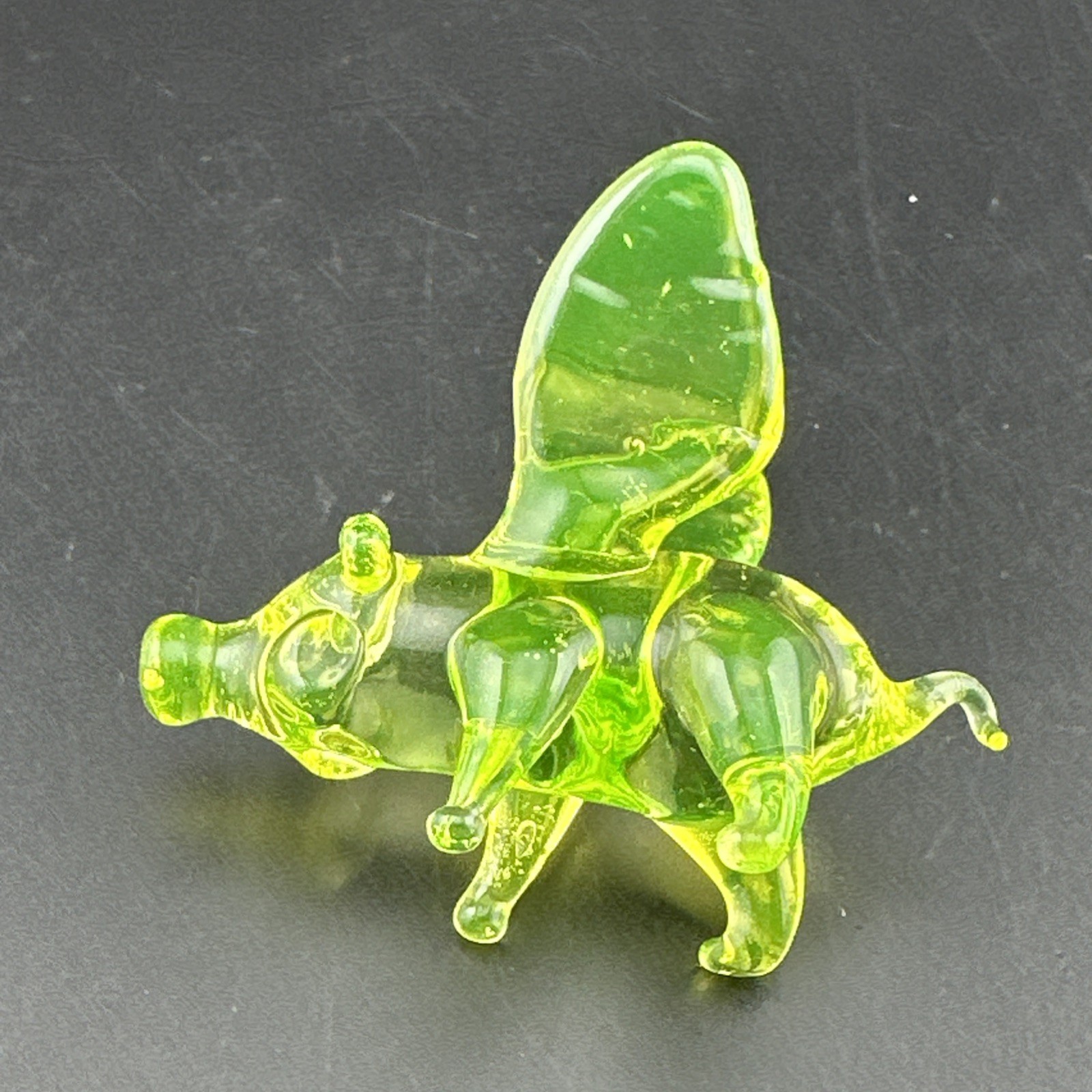 Handblown Uranium Art Glass Flying Pig Figurine Borosilicate Ion Green UV Glow