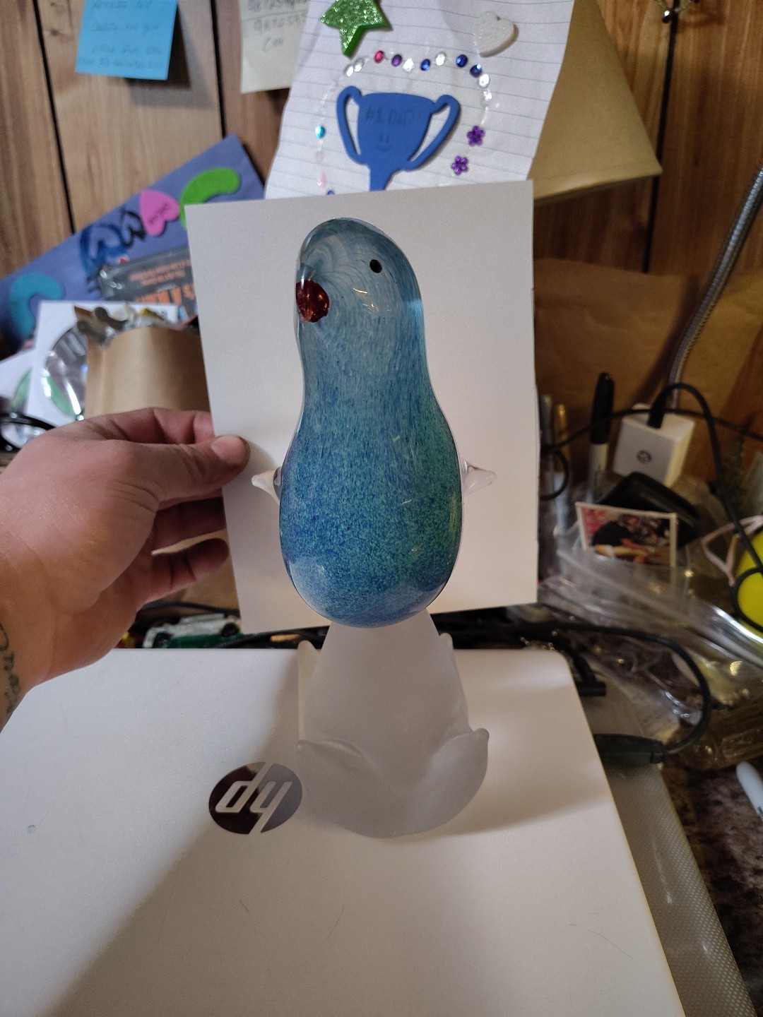 Murano Art Glass Hand Blown Blue Bird Figurine Turtle Dove On Clear Glass Perch
