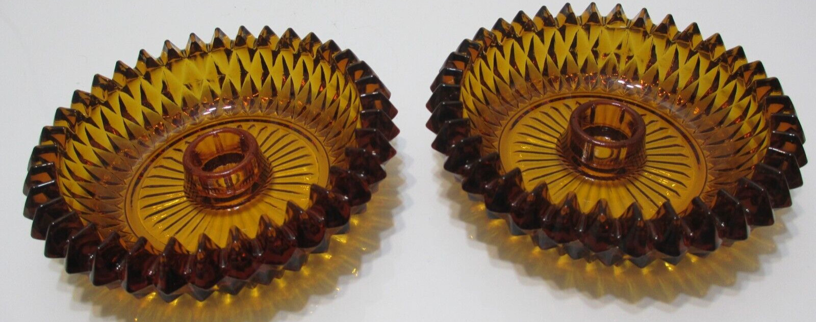 Vintage Indiana Glass Candle Stick Holders PAIR Diamond Point Amber Round