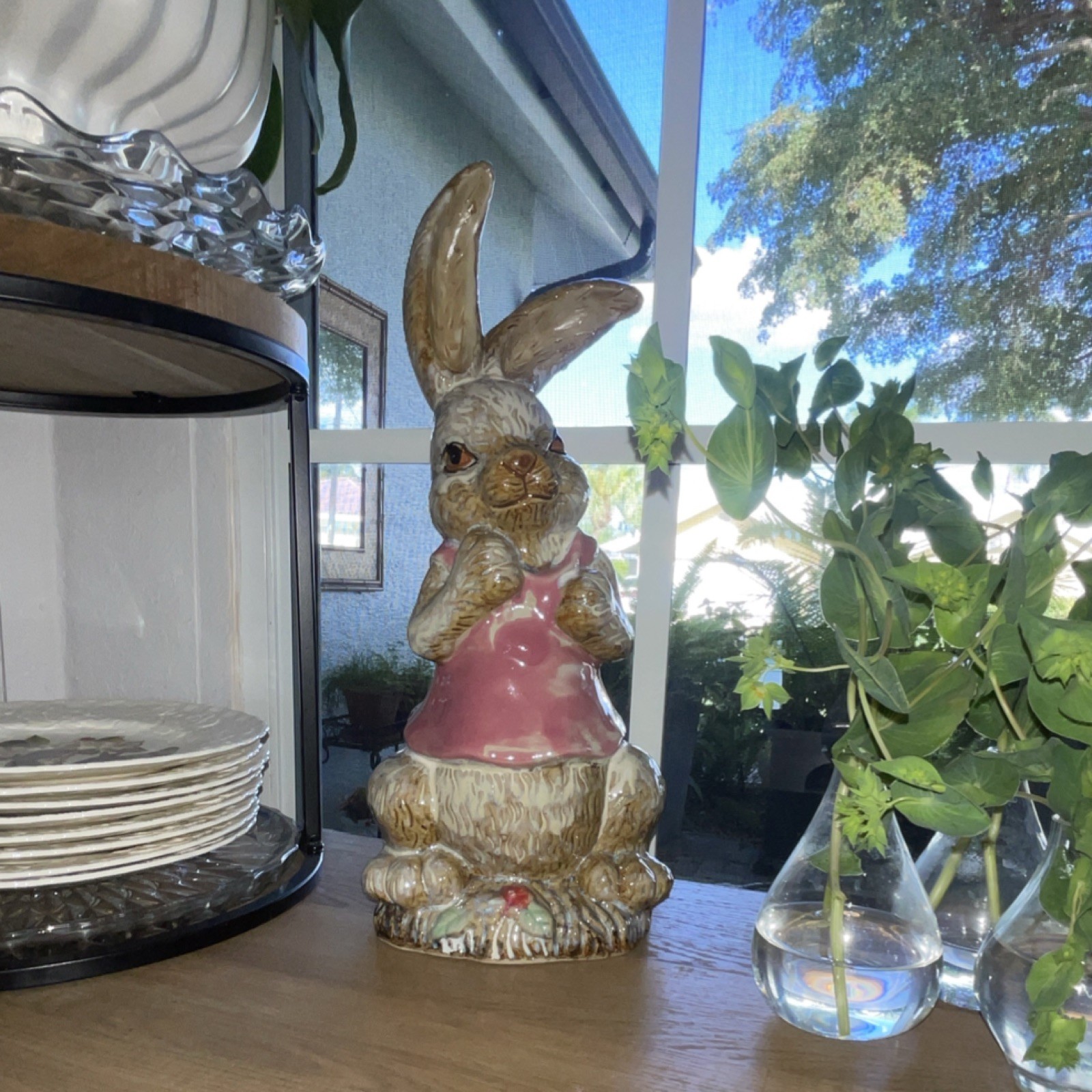 Ceramic Rabbit Easter Figurine with Pink Shirt