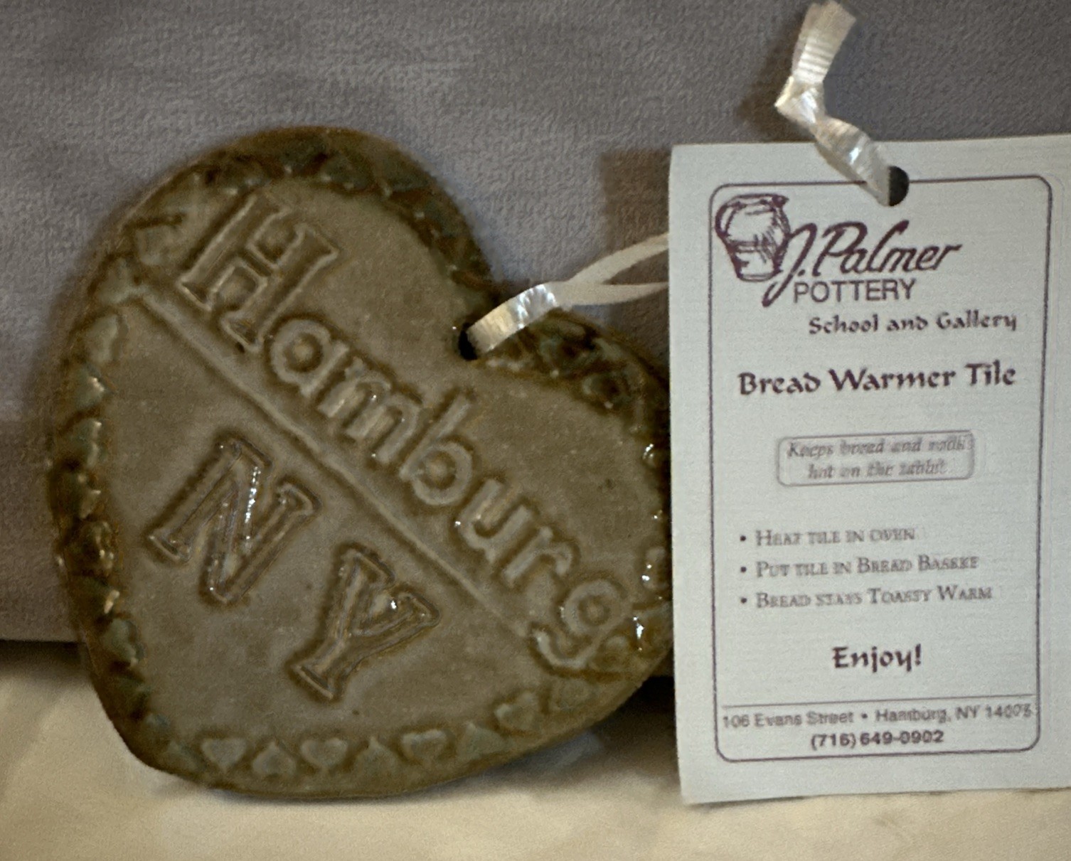 Hamburg New York Bread Warmer Tile 4in By J Palmer Pottery Heart Shaped