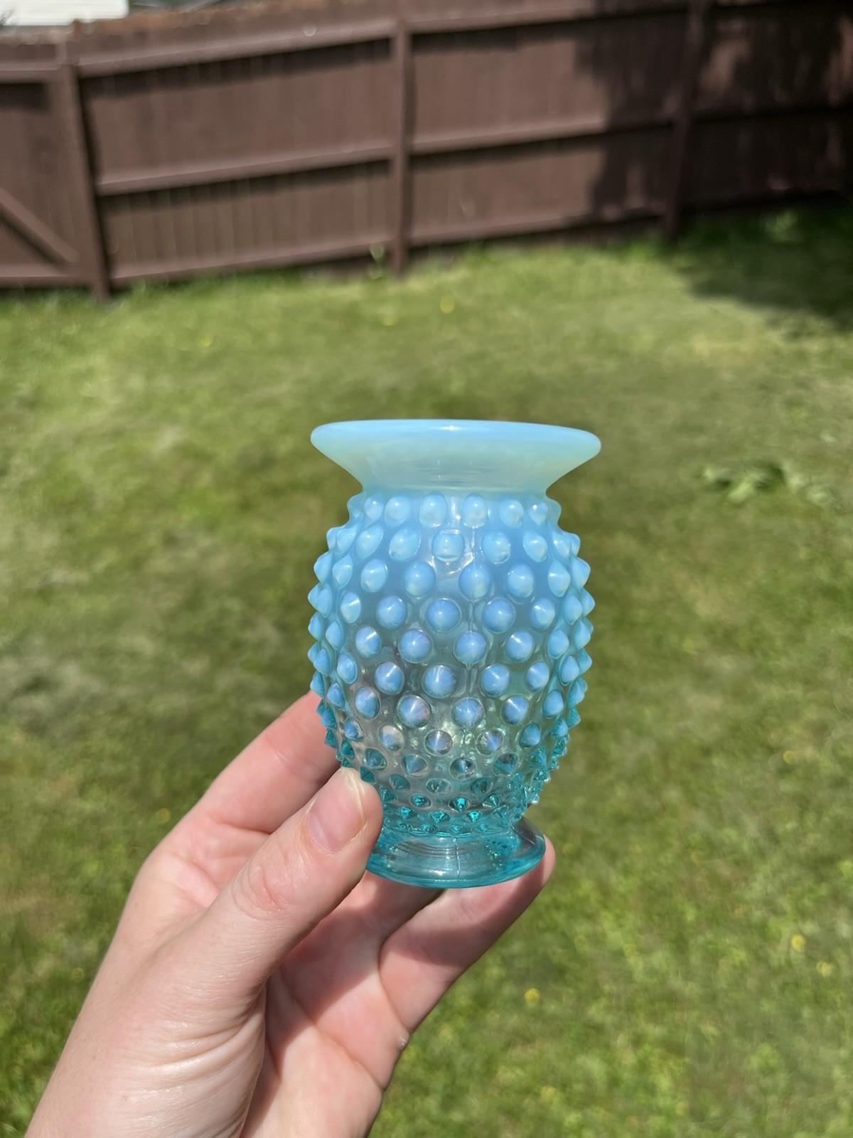 Vintage Fenton Blue Opalescent Hobnail Mini Bud Vase 3.5″