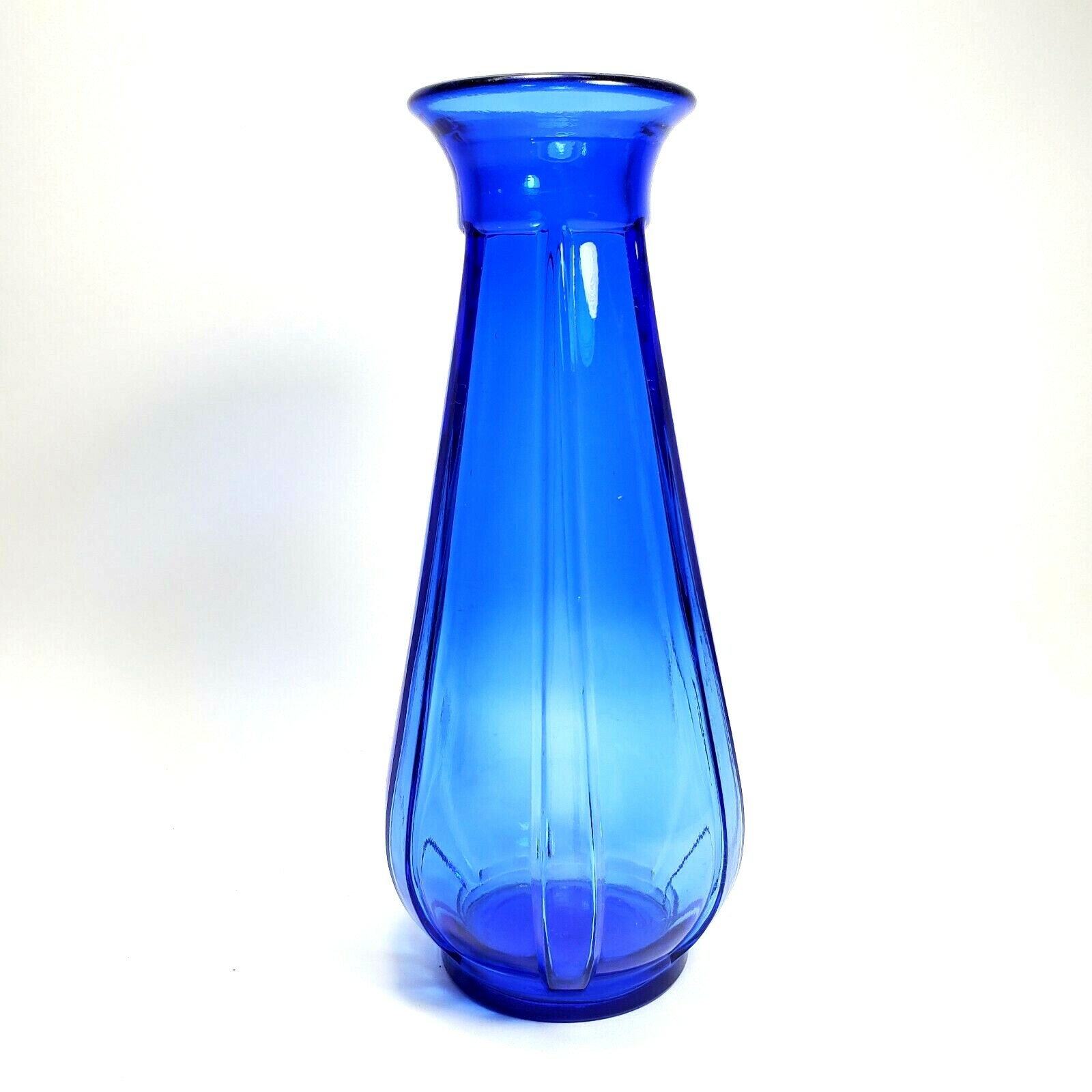 Glass Flower Vase Cobalt Blue 6 Panel 10in Tall Flared Rim Tabletop Decor