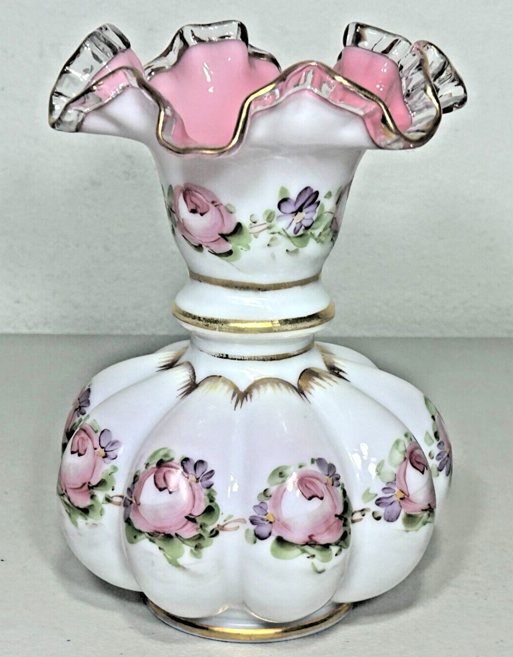 Fenton Charleton Peach Crest Melon Vase 8.5″ Hand Painted Roses Vintage