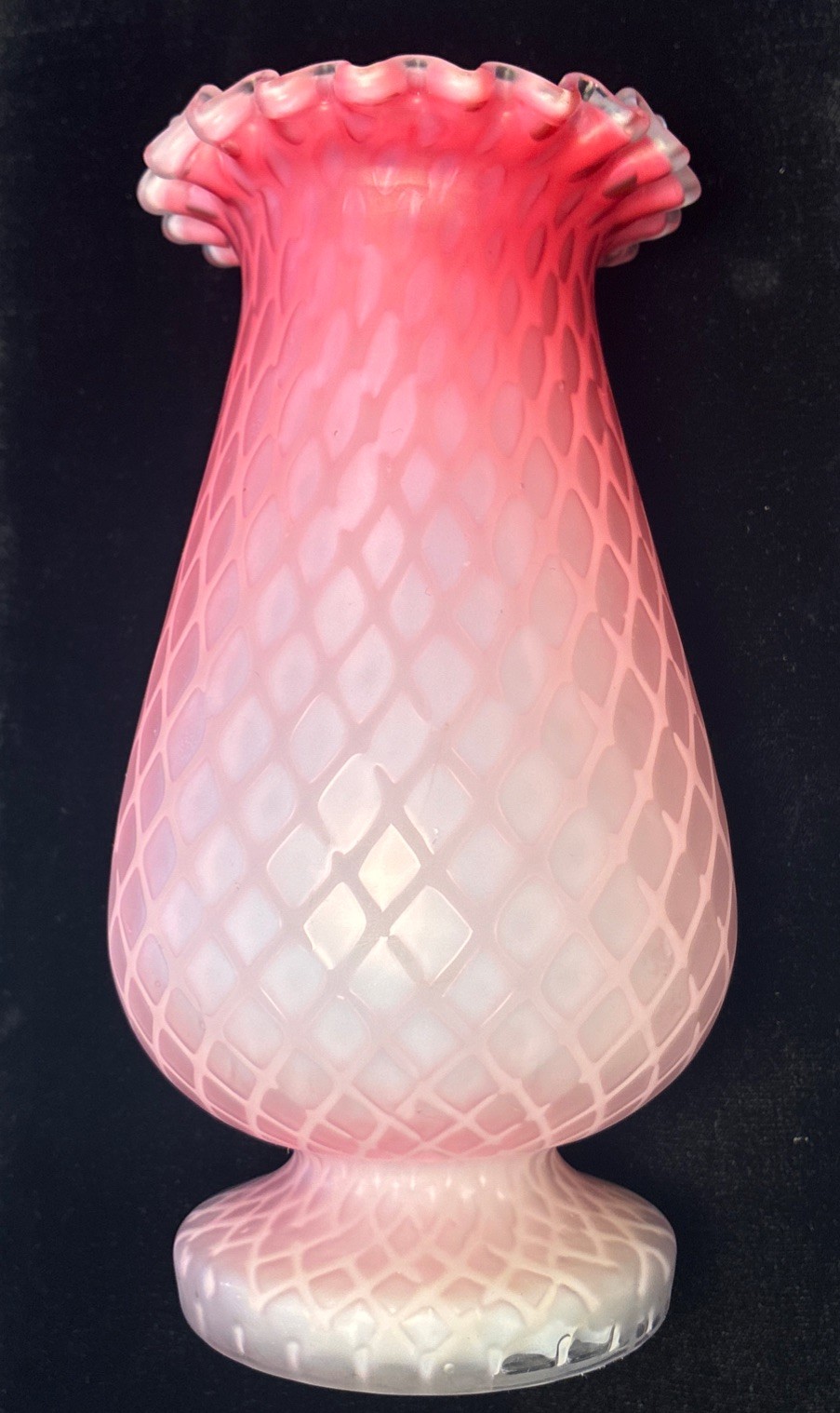 Antique Fenton Satin Cranberry Opalescent Diamond Quilt Vase Art Glass Ruffled