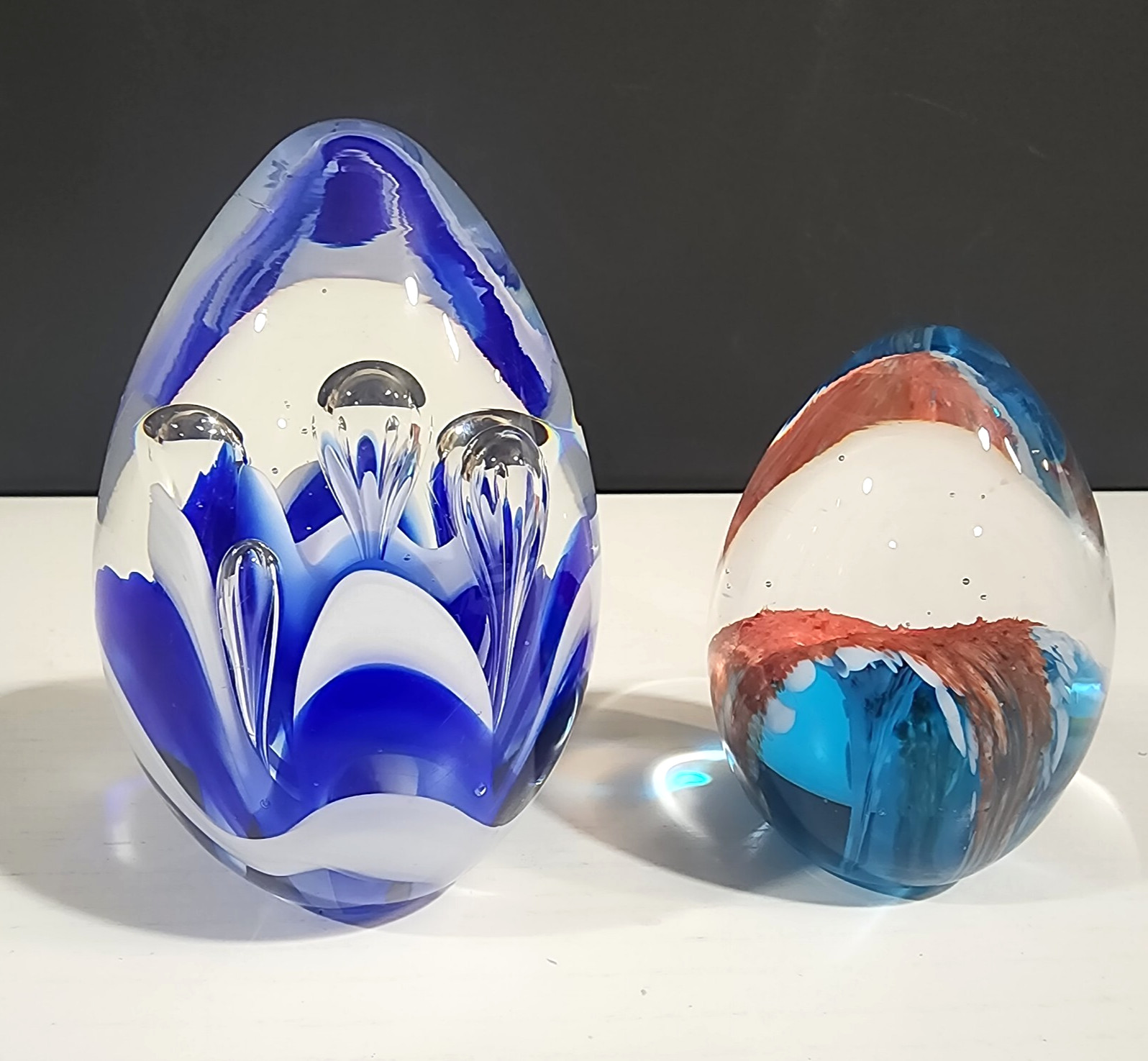2 Vintage Glass Paperweights ~ Swirl Art Glass ~Egg Shaped