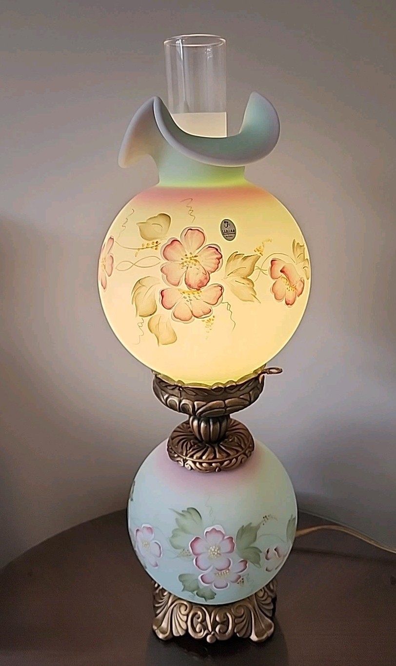 Fenton LOTUS MIST FLORAL GWTW Lamp ~ Hand Painted & Artist Signed ~ EXQUISITE!!!