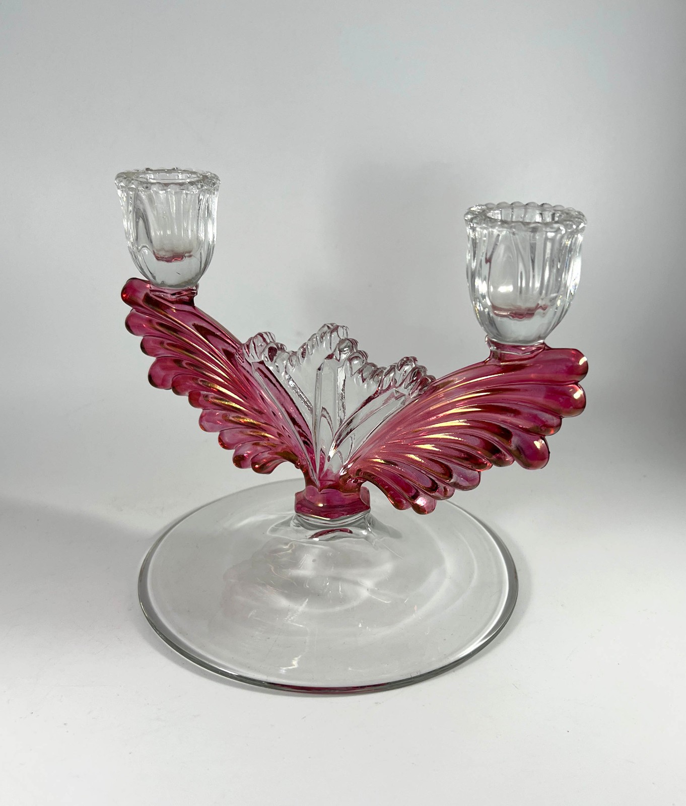 Tiffin Glass Feather Wing Pink Double Arm Candlestick Candle Holder Candelabra