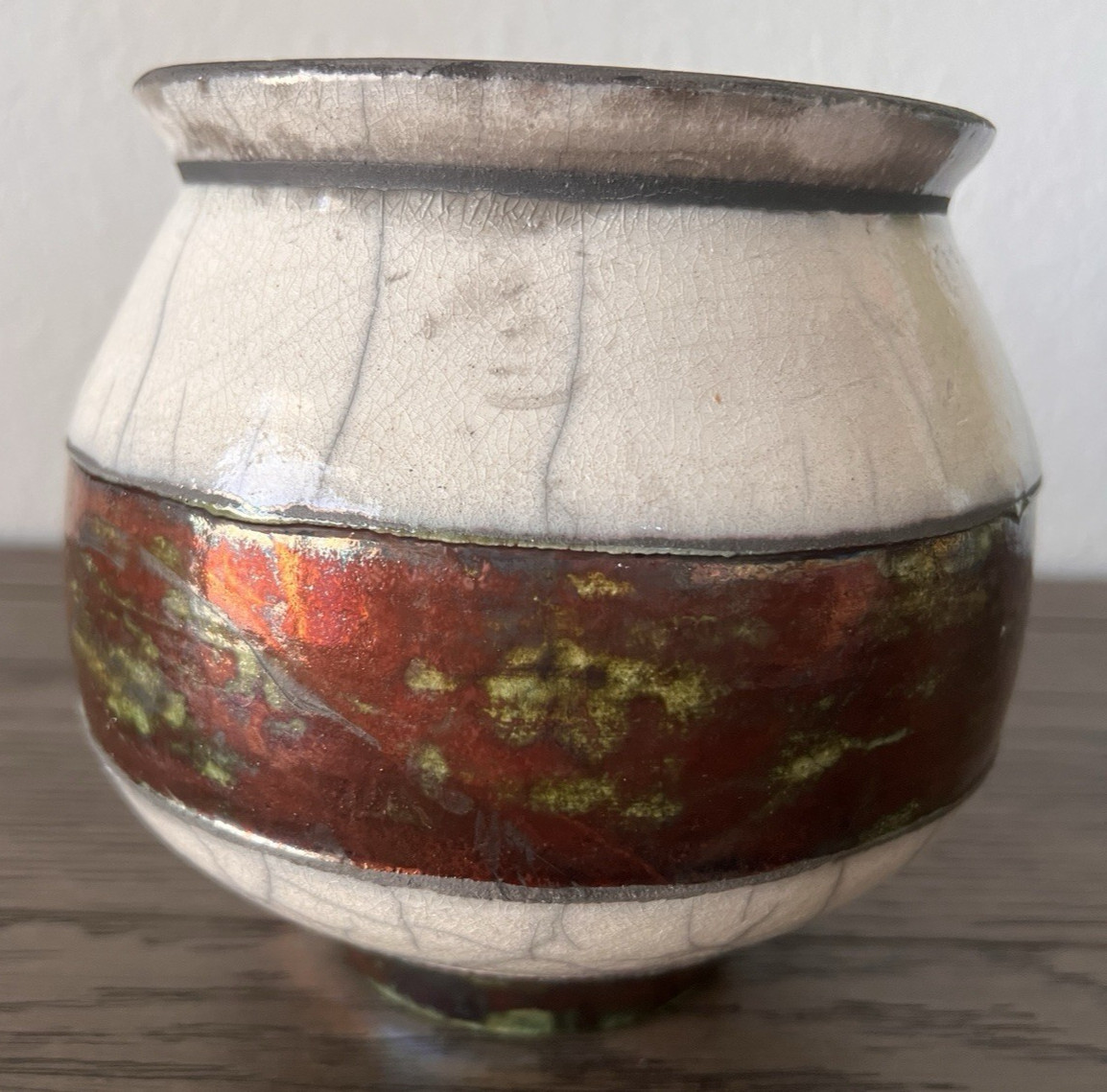Raku Studio Pottery Vase Artist Signed Fired Crackle Glaze Metallic STUNNING 6″T